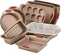 Vista 1 de Rachael Ray Cucina Nonstick Bakeware Set Baking Cookie Sheets Cake Muffin Bread Pan, 10 Piece, Latte Brown with Cranberry Red Grips