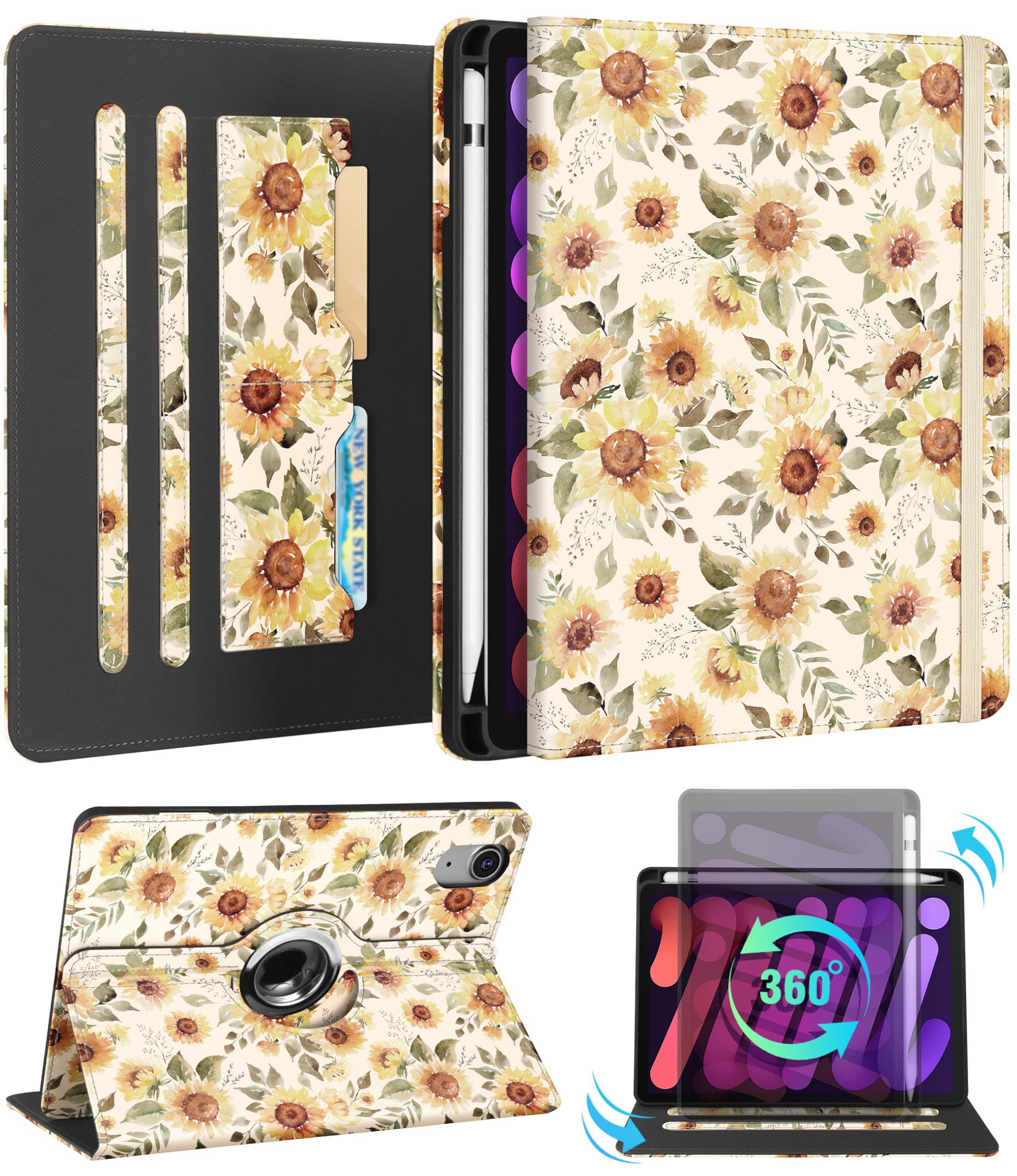 Kidcube for iPad mini 7 Case A17 Pro 2024, for iPad mini 6th Generation Case 8.3 Inch - Women Girls Kids Cute Rotating Stand Folio Cover with Pencil