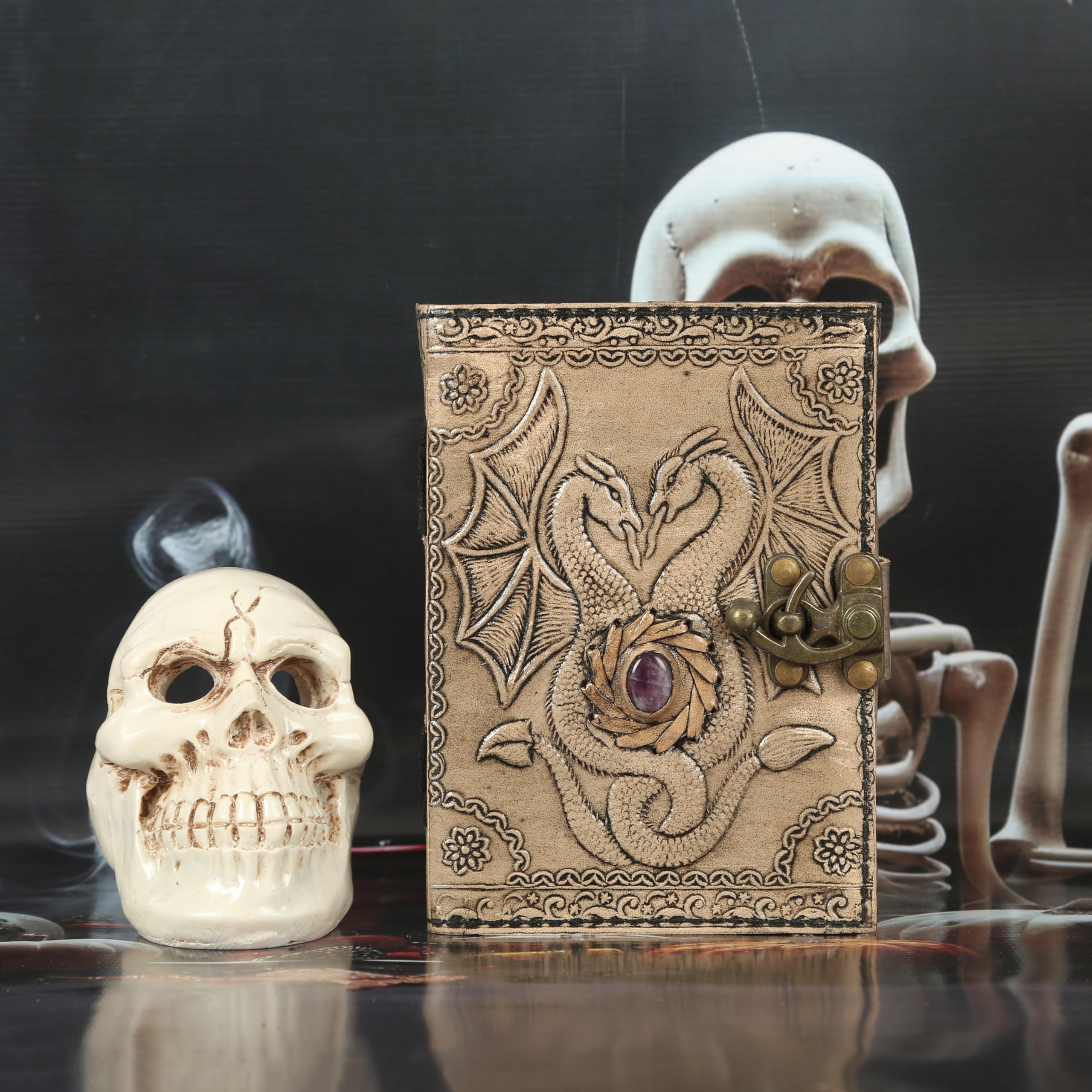 Handgefertigtes Leder-Tagebuch mit Schloss & Stein - 200 Seiten Vintage Drachen geprägtes Tagebuch Notizbuch, Ledergebundenes Schreibtagebuch, Reise-Skizzenbuch, Fantasy-Geschenk