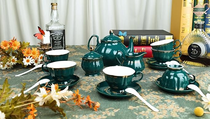 Amazon.com | fanquare 21 Piece Vintage Porcelain Tea Set, Green