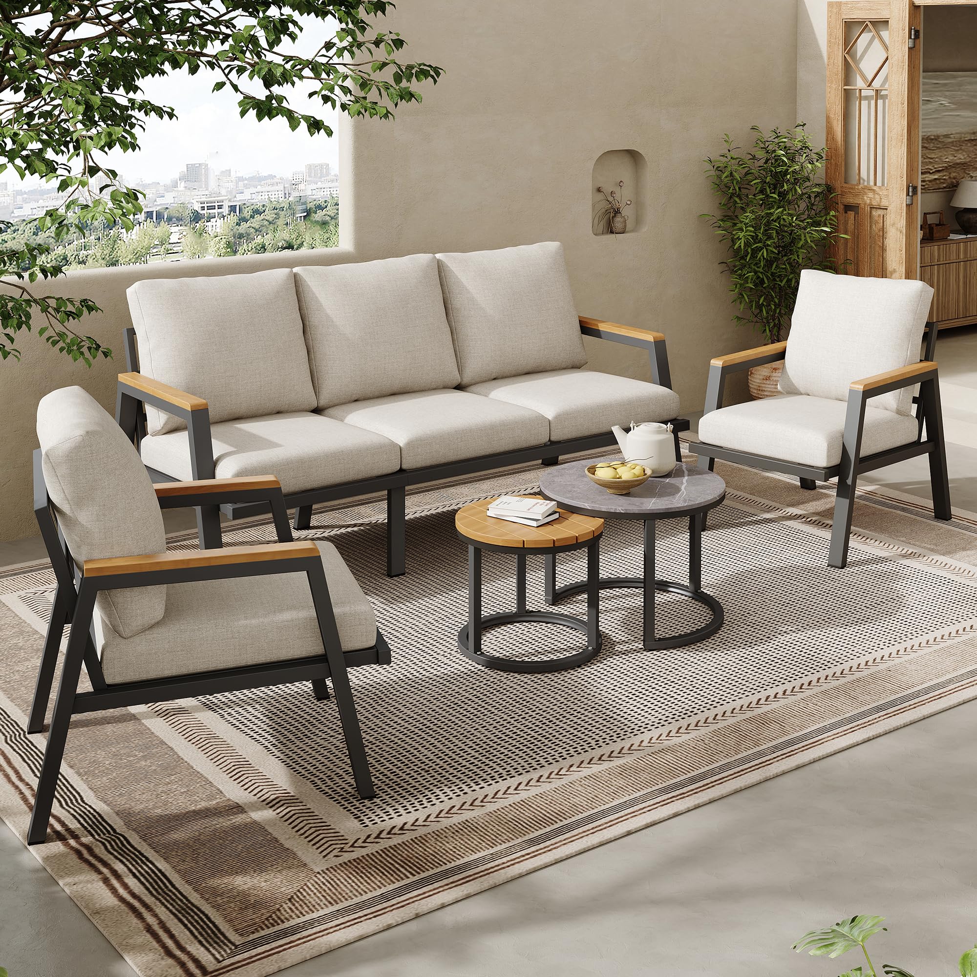 Juego de sillones de jardín, muebles de exterior, con cómodos cojines, sofá de 3 plazas, 2 sillones y 2 mesitas, cristal lacado mármol y madera plástica, acero galvanizado, beige