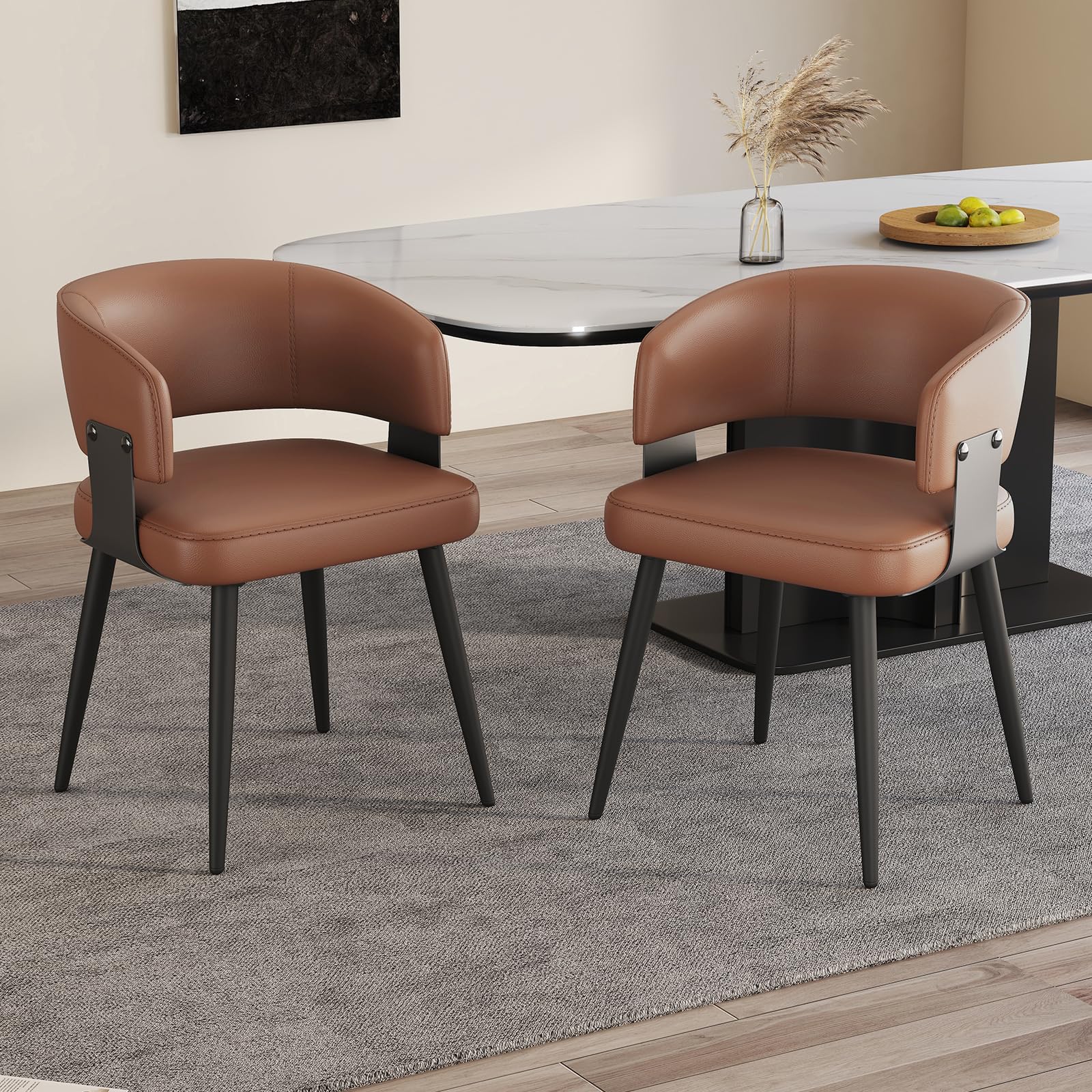 Modern Dining Chairs Set of 2, Upholstered Faux Leather Kitchen Side Chairs with Curved Open Back, Easy Assembly for Dining Room, Restaurant, Cafe, Brown