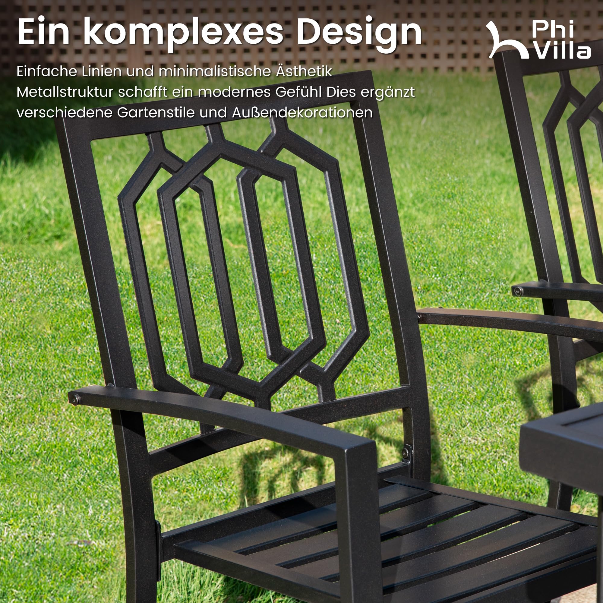 PHI VILLA Gartenmöbel 6 stühle mit Tisch Set Wetterfest Gartengarnitur Set 6 Personen mit Stapelbare Stühle und Rechteckig Esstisch mit 4cm Schirmloch Terrassen Outdoor Bistro Möbel Sets Metall