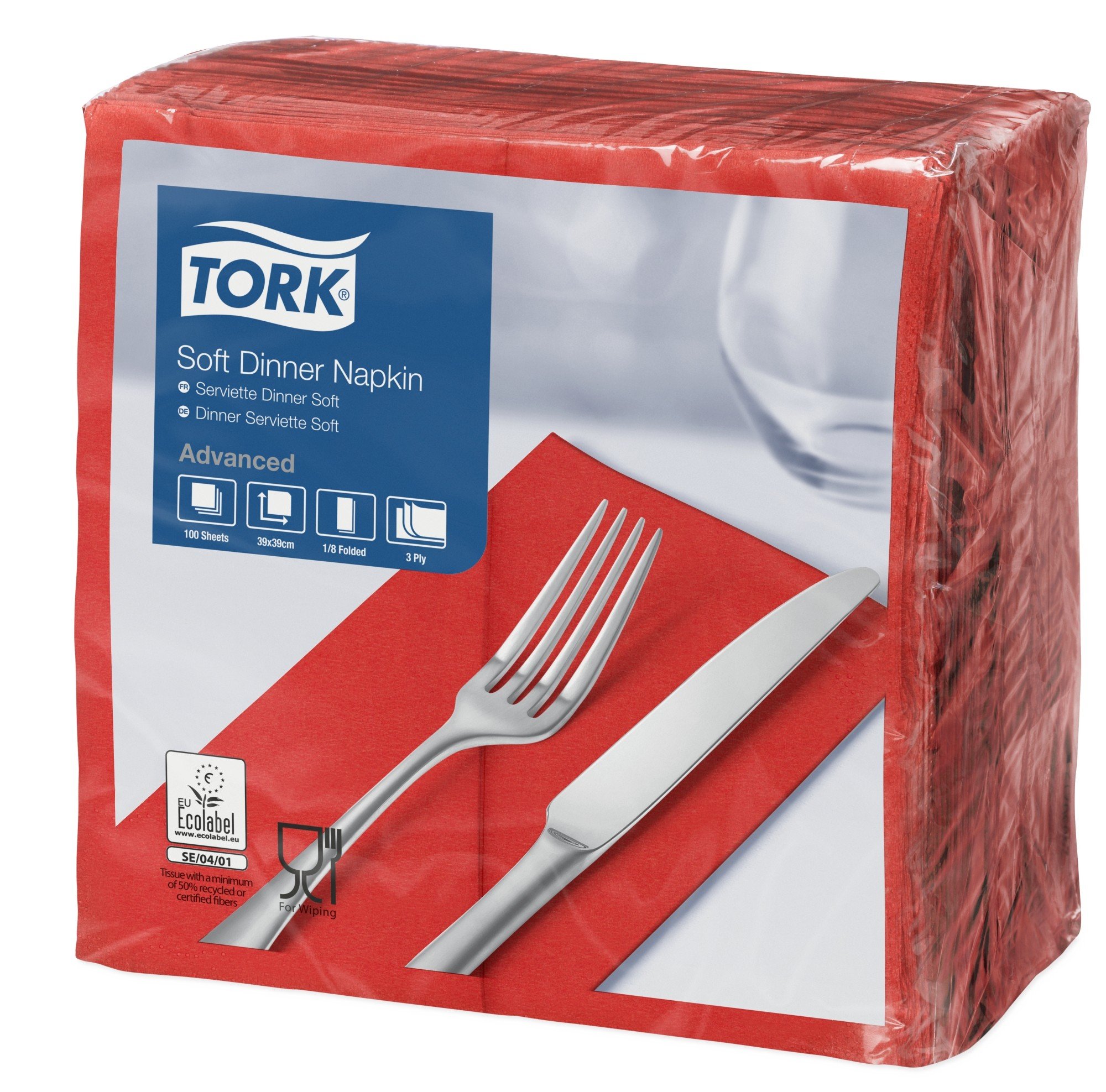 Tork 477620 Tovagliolo Dinner Soft rosso (piegato in 8) Advanced, 3 veli, 12 pacchi x 100 tovaglioli (1200 pz), 39 cm (lungh.) x 39 cm (largh.)
