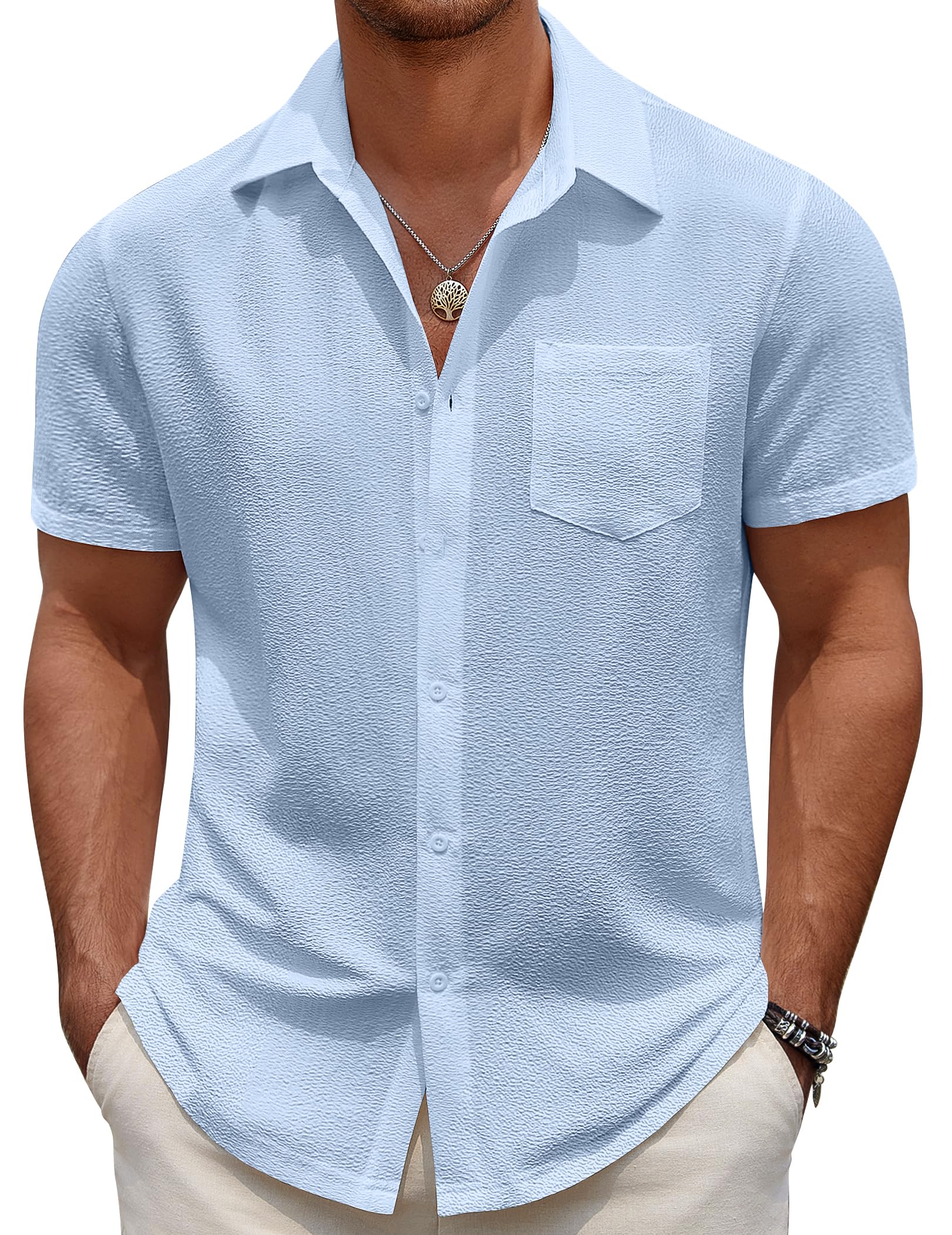 COOFANDY Men's Casual Button Down Short Sleeve Shirt Textured Summer Beach Vacation Shirt