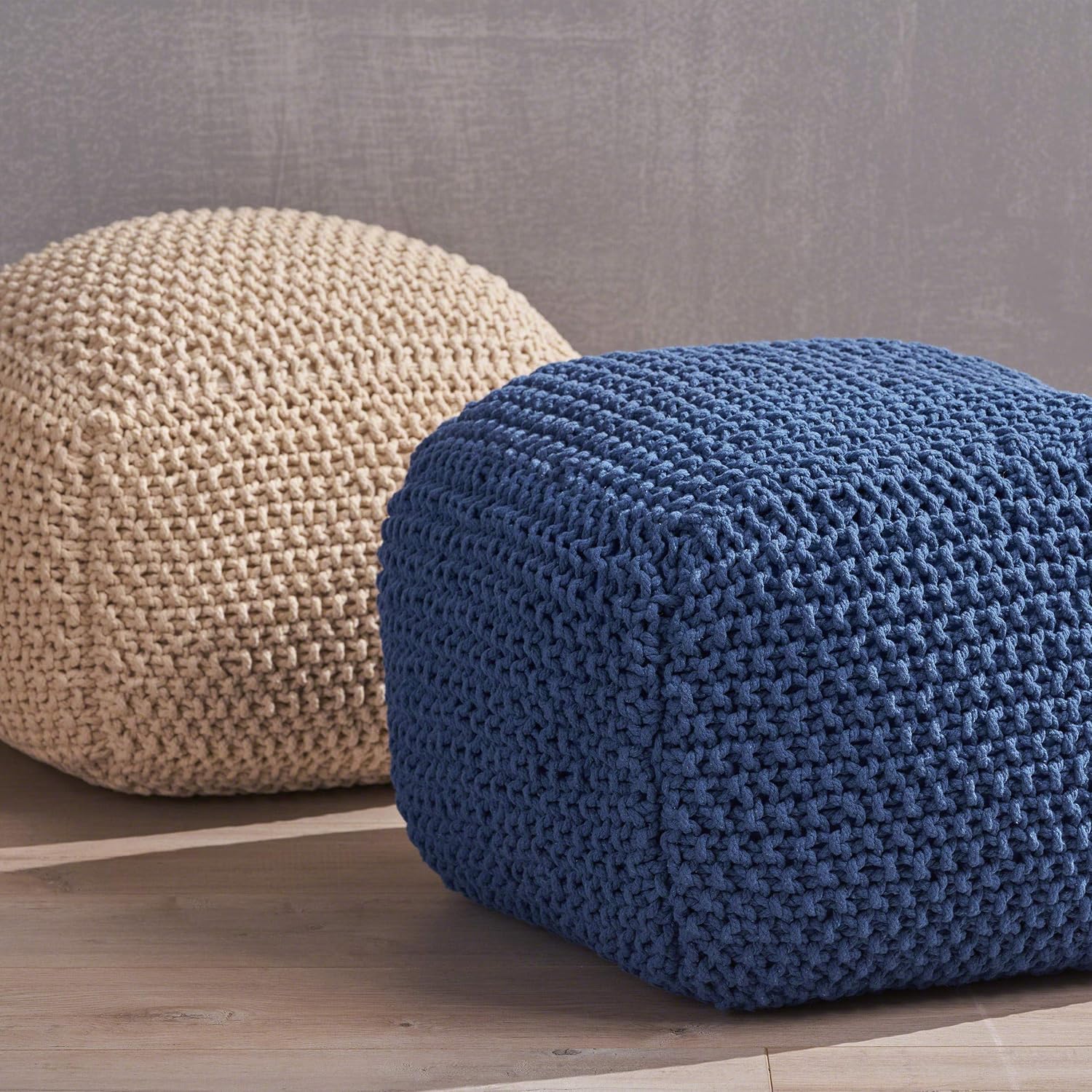 Christopher Knight Home Knox Knitted Cotton Pouf, Navy