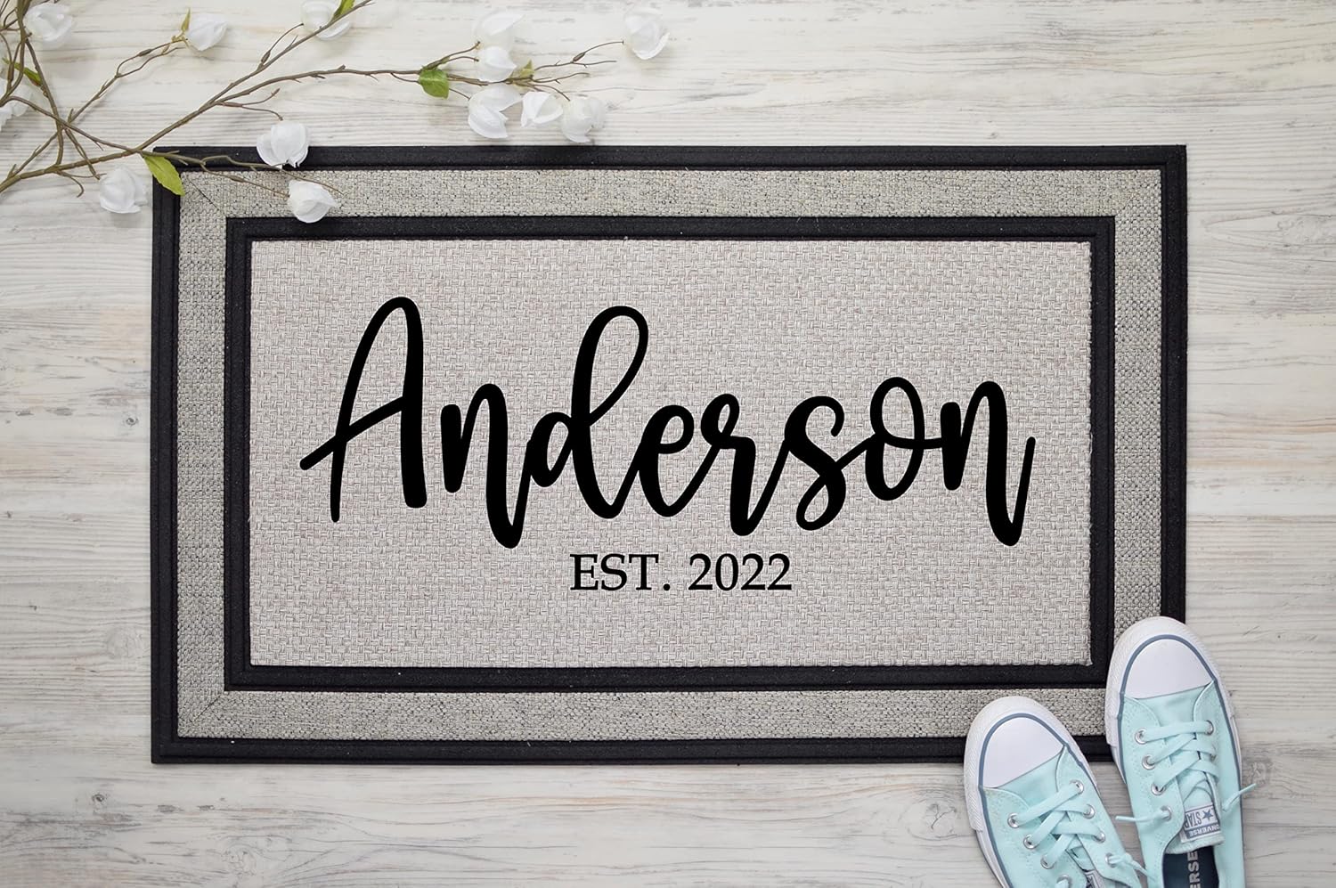 Personalized Family Name Doormat with Established Date, Custom Welcome Doormat, Wedding, Engagment, First Home, Housewarming,Gray 18 x 30 Rubber Backed Entrance Rug