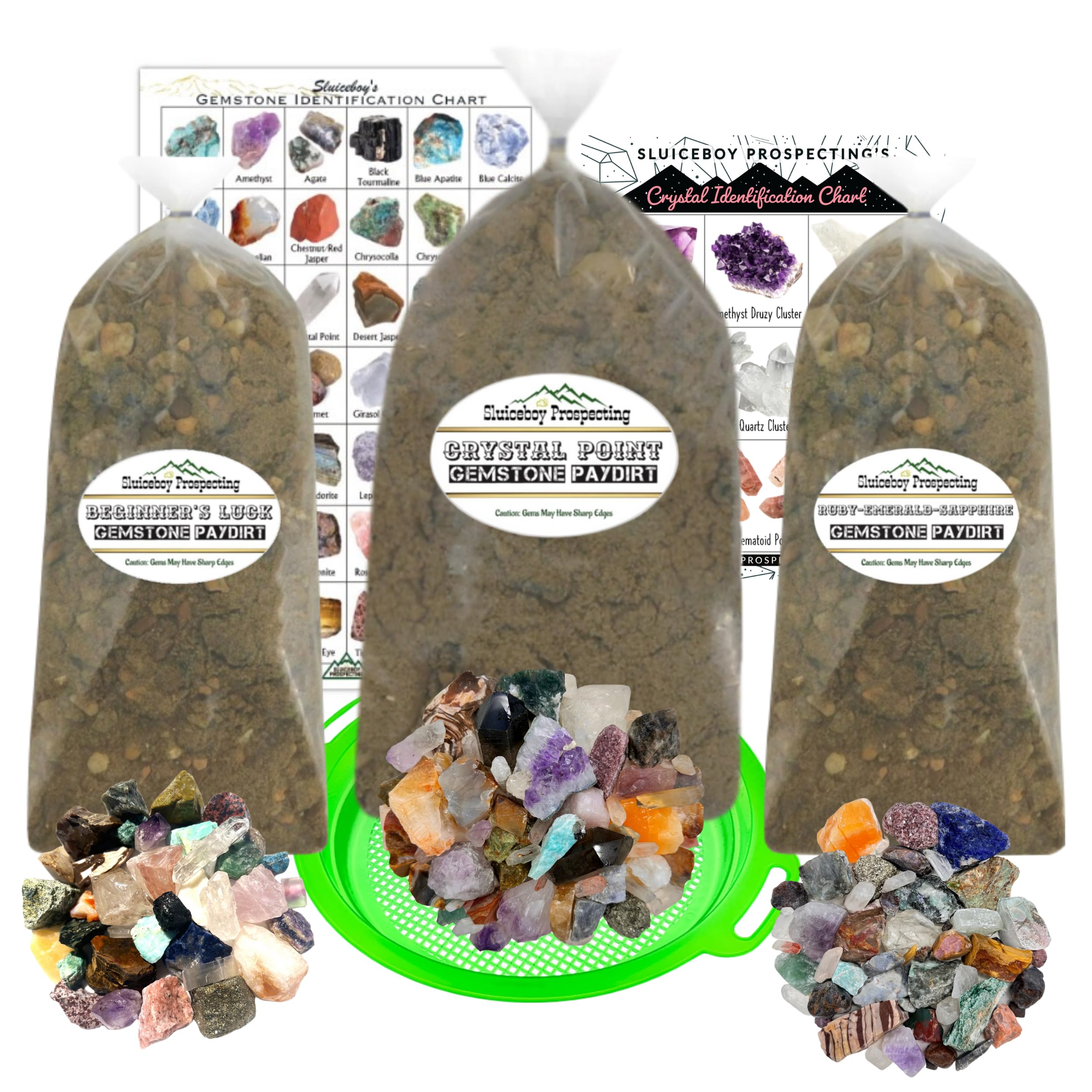 Sluiceboy Prospecting - 18lb Gemstone Mining Kit | Rough Mix Paydirt | Includes Classifier Sieve & 3 Paydirt Bags | Mining Gift Idea