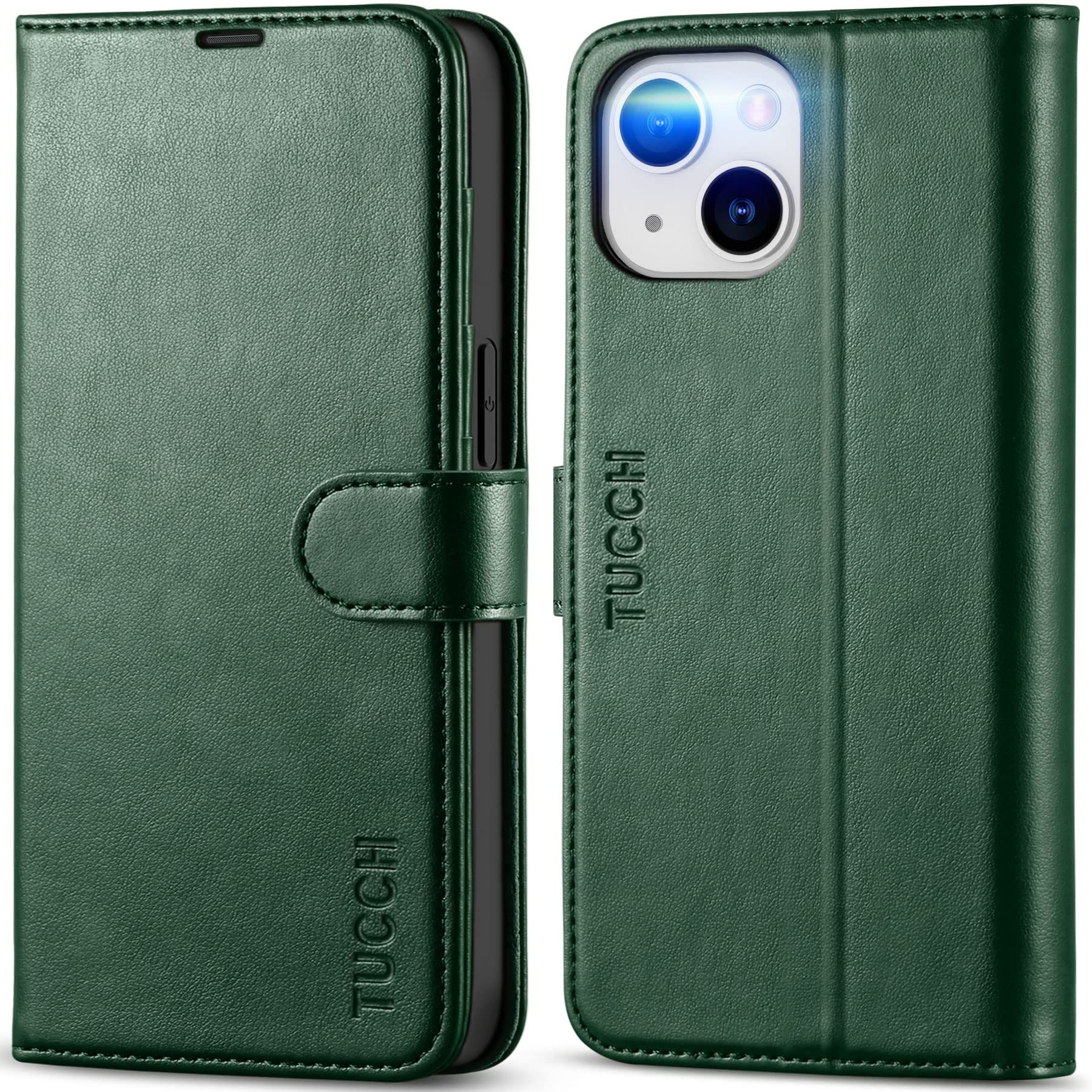 TUCCH Funda para iPhone 14, Flip Folio Carcasa Case, Funda de Cuero PU con Bloqueo RFID, Ranura para Tarjeta, Cierre Magnético, Funda Piel para iPhone 14 5G (6.1", 2022), Verde Medianoche
