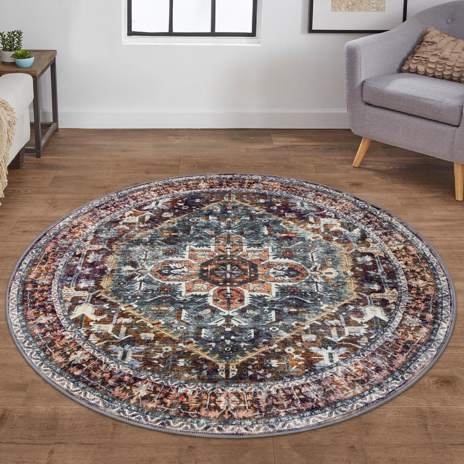 KOZYFLY Boho Round Rug 5 Ft Rugs for Entryway Washable Circle Rug Non Slip Doormat Printed Faux Wool Vintage Round Entryway Rug Floor Carpet Round for Entrance, Bedroom, Brick Red/Orange/Green โ image 1