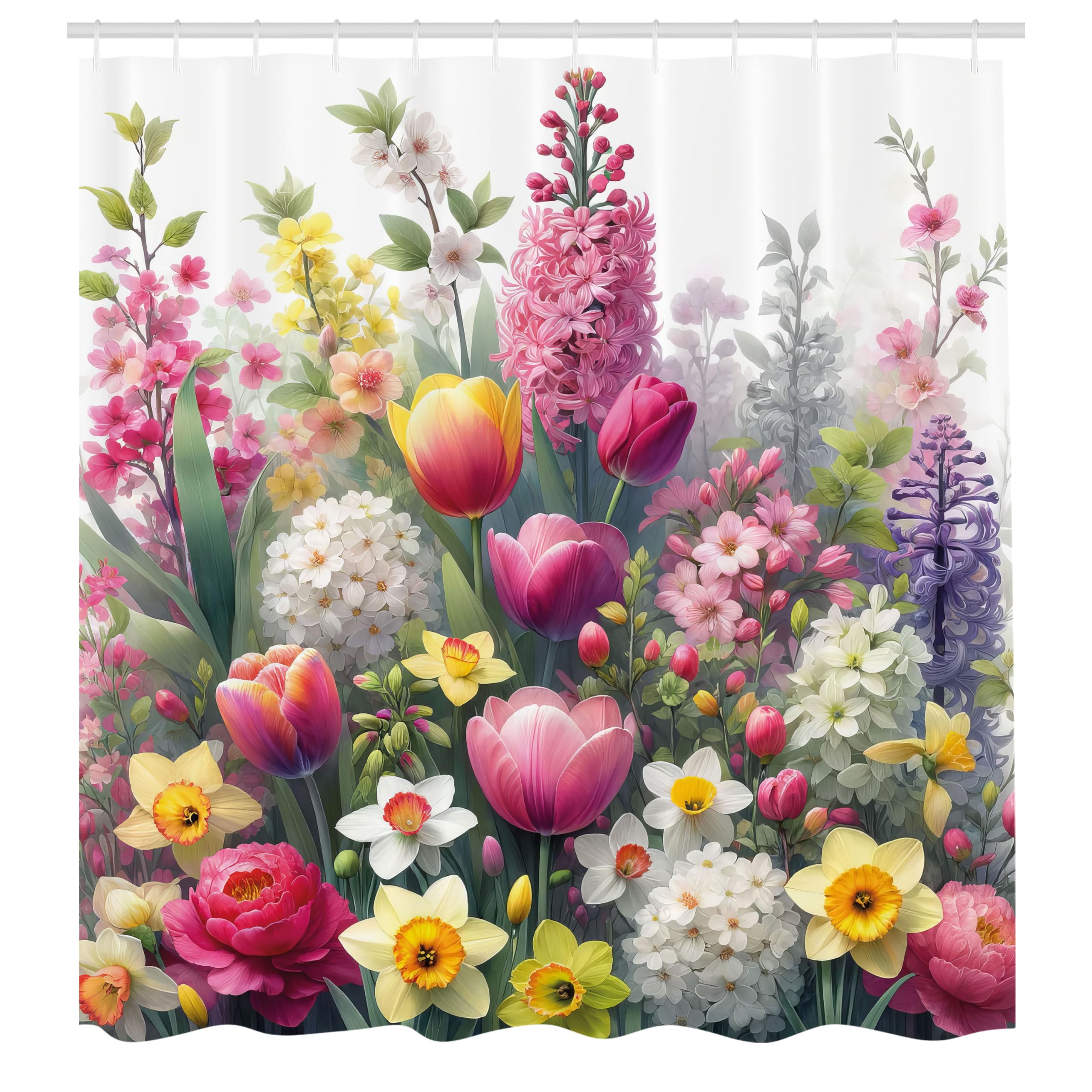 ABAKUHAUS Spring Shower Curtain, Wonderland Jungle Floral Art, Cloth Fabric Bathroom Decor Set with Hooks, 175 x 180 cm, Magenta Multicolor