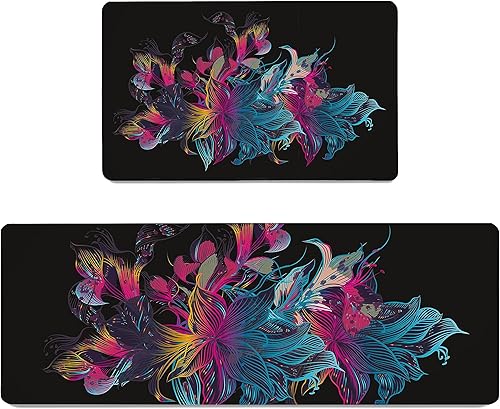 keensoft Juego de 2 tapetes negros para cocina, antifatiga de 0.4 pulgadas de grosor, diseño floral abstracto, azul y rojo, antideslizante,
