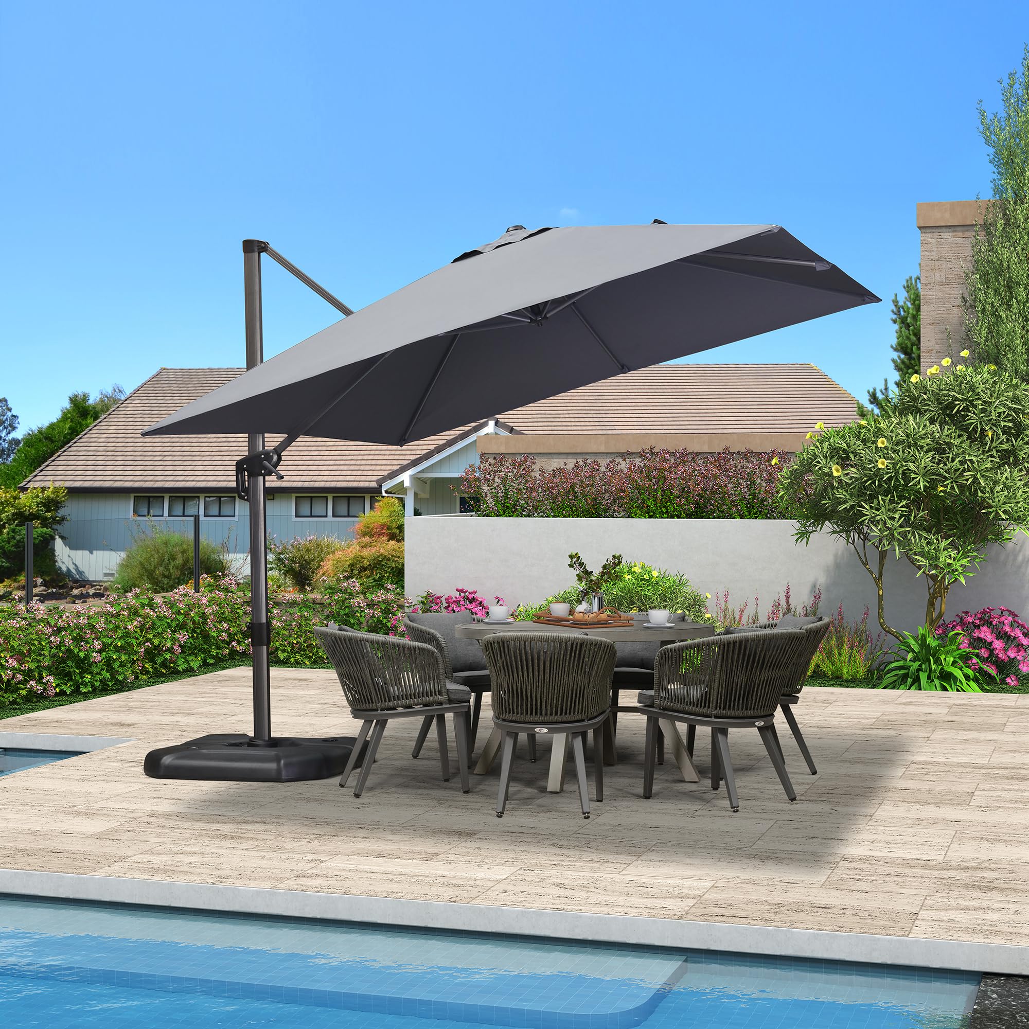 PURPLE LEAF Sombrilla transportada 3 × 3 m Cuadrado Sombrilla de jardín al aire libre giratoria 360°, 8 Ballenas de aluminio Lona 240/GSM con protección UV, gris claro