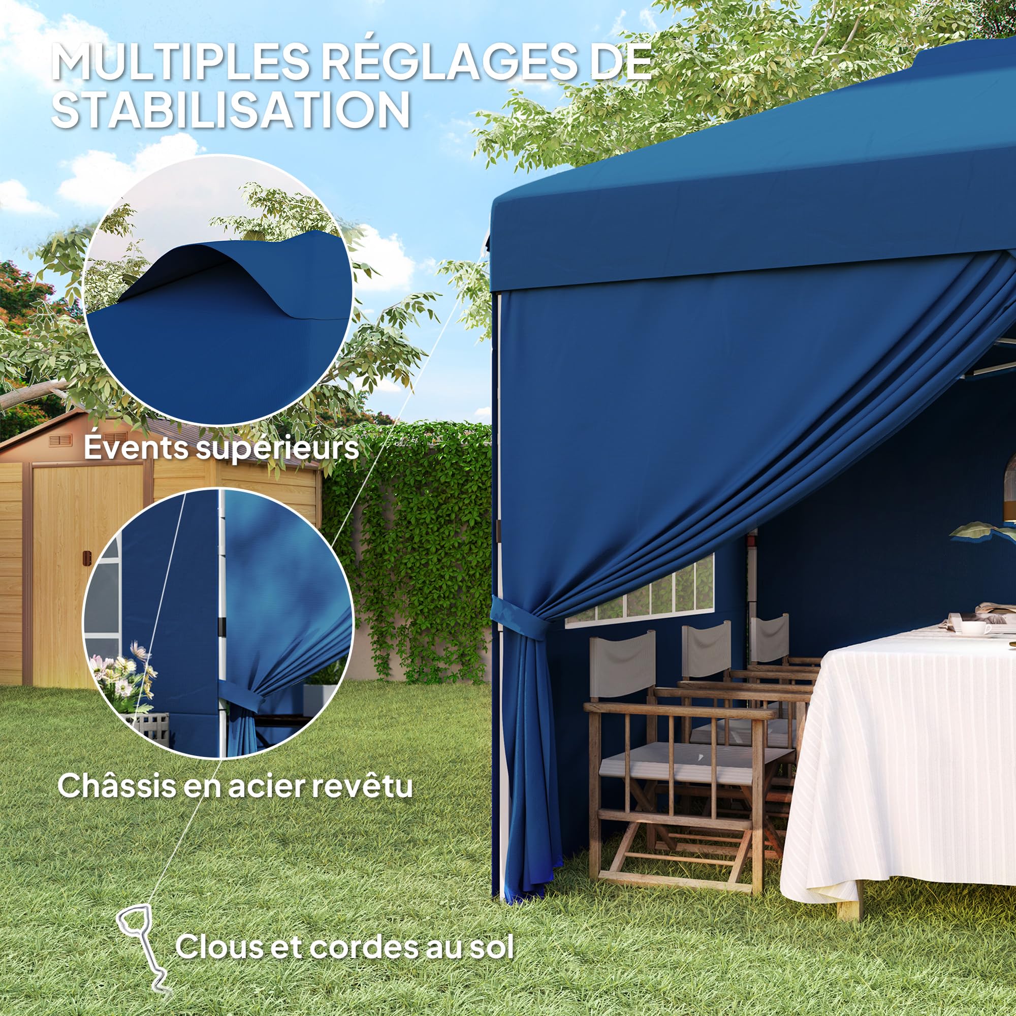 Outsunny Tonnelle de Jardin Pliante 3 x 3m Hauteur Réglable Bleu Foncé | Tente de Réception Pop-up, Parois Latérales, Aérations, Fenêtres, Sac de Transport à Roulettes, Tissu Oxford