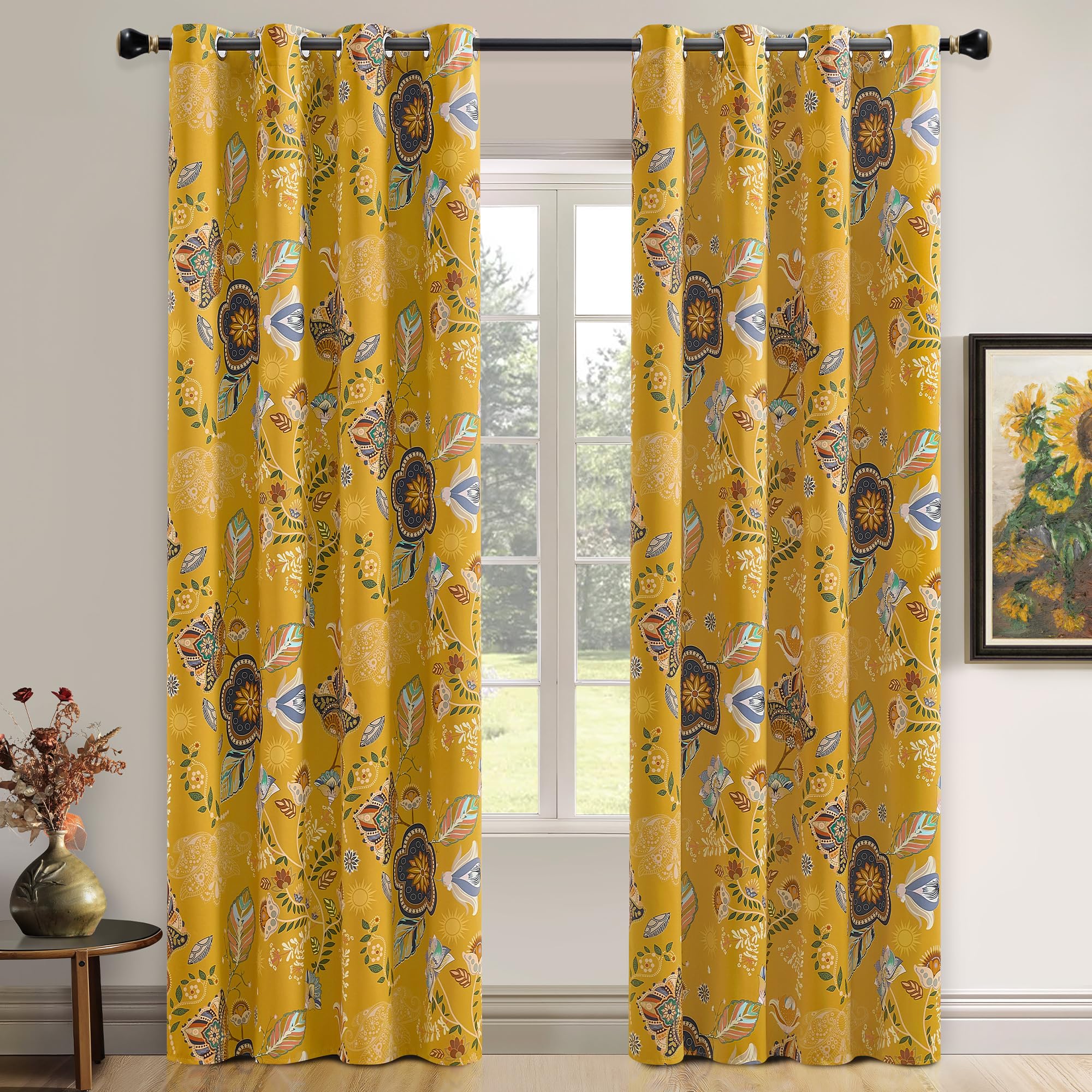 XiDi Mustard Yellow Floarl Blackout Curtains for Bedroom 108 Inch Drop Plant Printed Boho Modern Farmhouse Vintage Eyelet Thermal Insulated Curtain Window Drapes Decor 2 Panel Set Mustard Yellow52/108