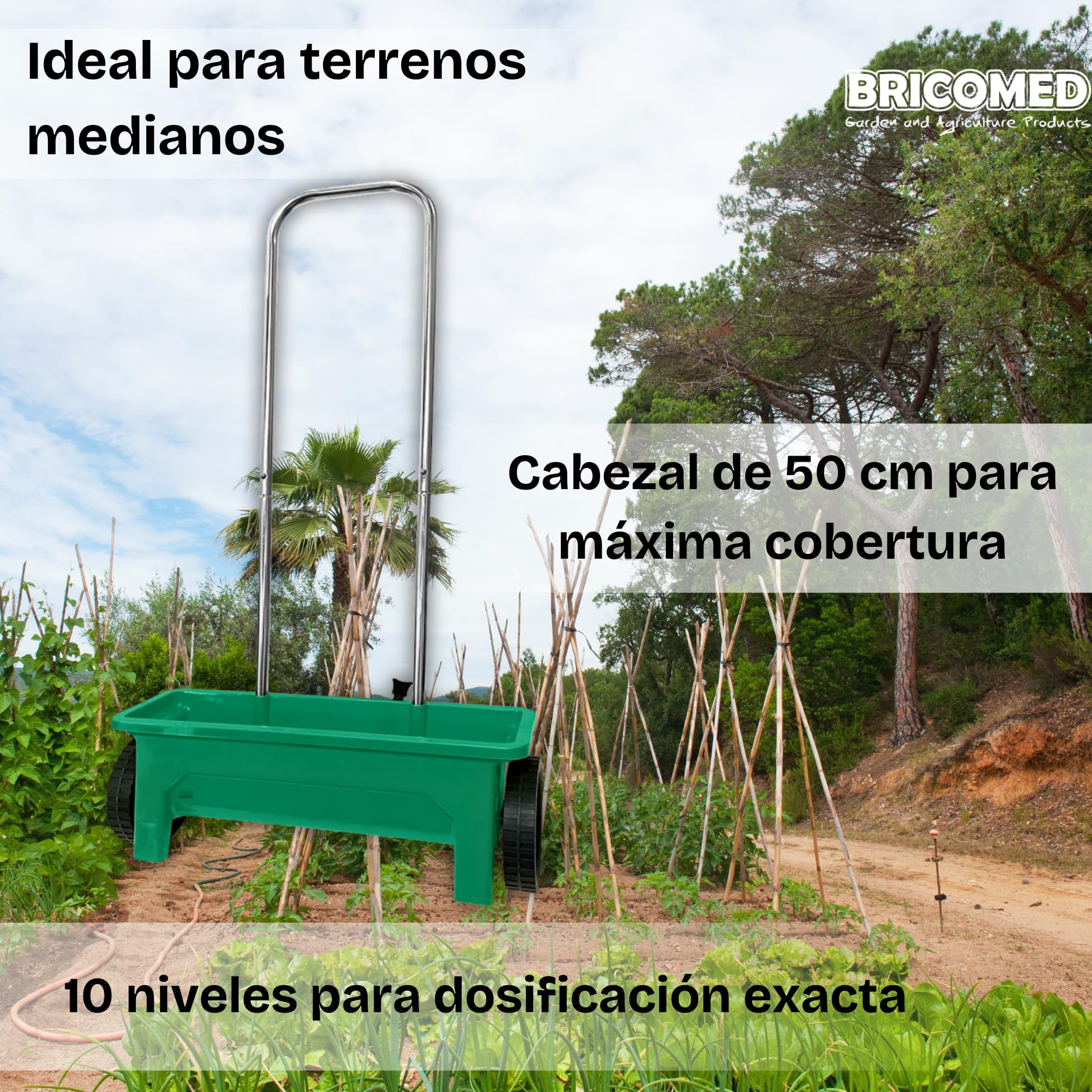 Carro sembrador 12 litros Cabezal de esparcimiento de 50cm. Ideal para abonar, sembrar y fertilizar. Regulador de cantidad