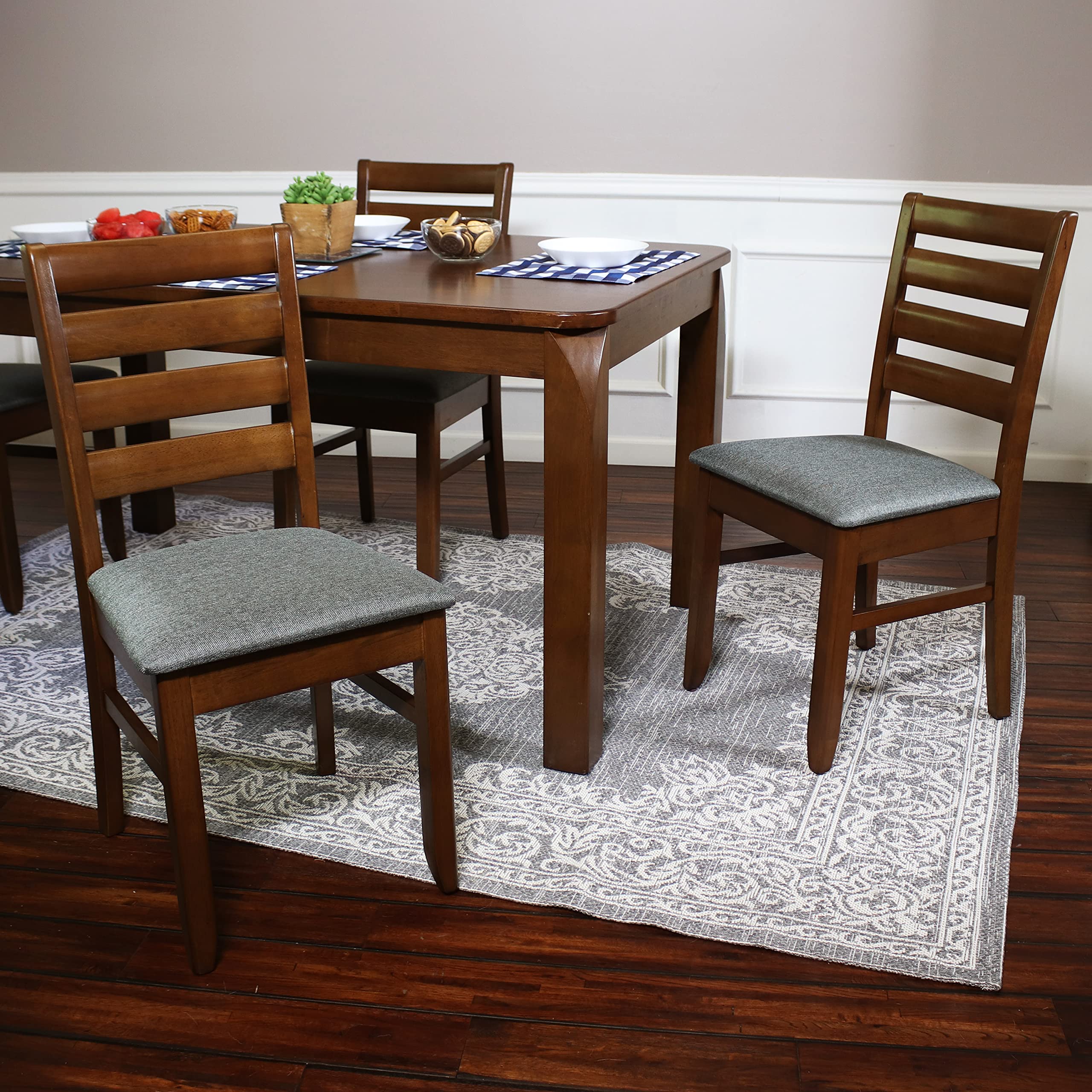 Sunnydaze Set of 2 Ladder-Back Dining Chairs - Solid Rubberwood Chairs with Cushions for Dining Table - Dark Walnut Wood with Gray Cushions