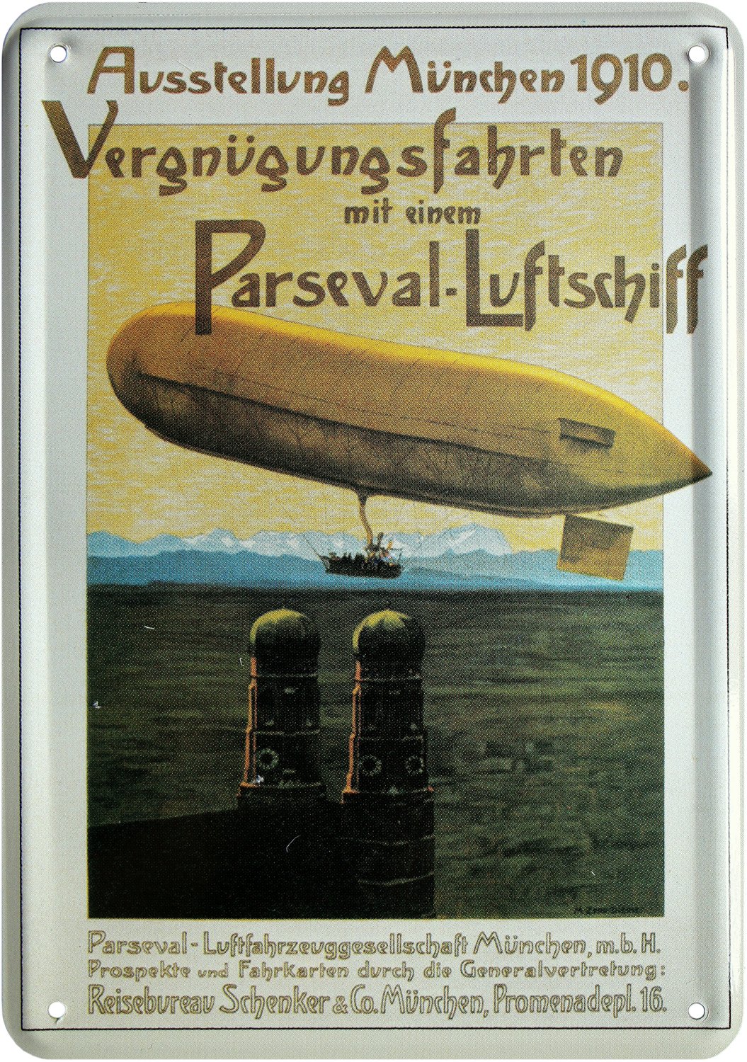 Blechpostkarte „Flugzeug Werke München“ – 10x14 Cm, Retro Design – Beschreibbar, Mit Aufhänge-Löchern