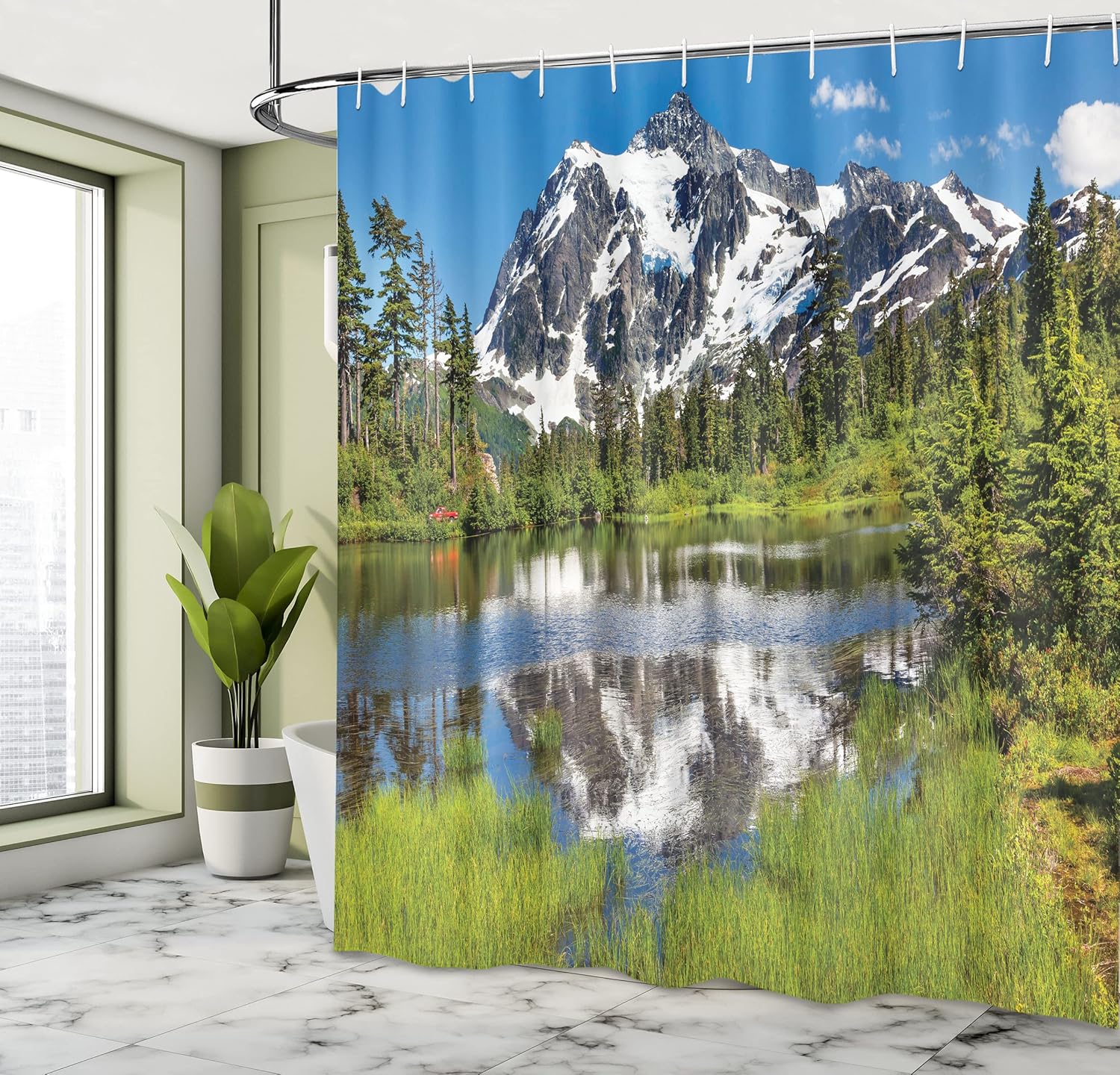Ambesonne Landscape Shower Curtain, Picture of Lake Evergreens Mount Shuksan Highway America Pacific Northwest USA, Cloth Fabric Bathroom Decor Set with Hooks, 69" W x 70" L, Green Blue