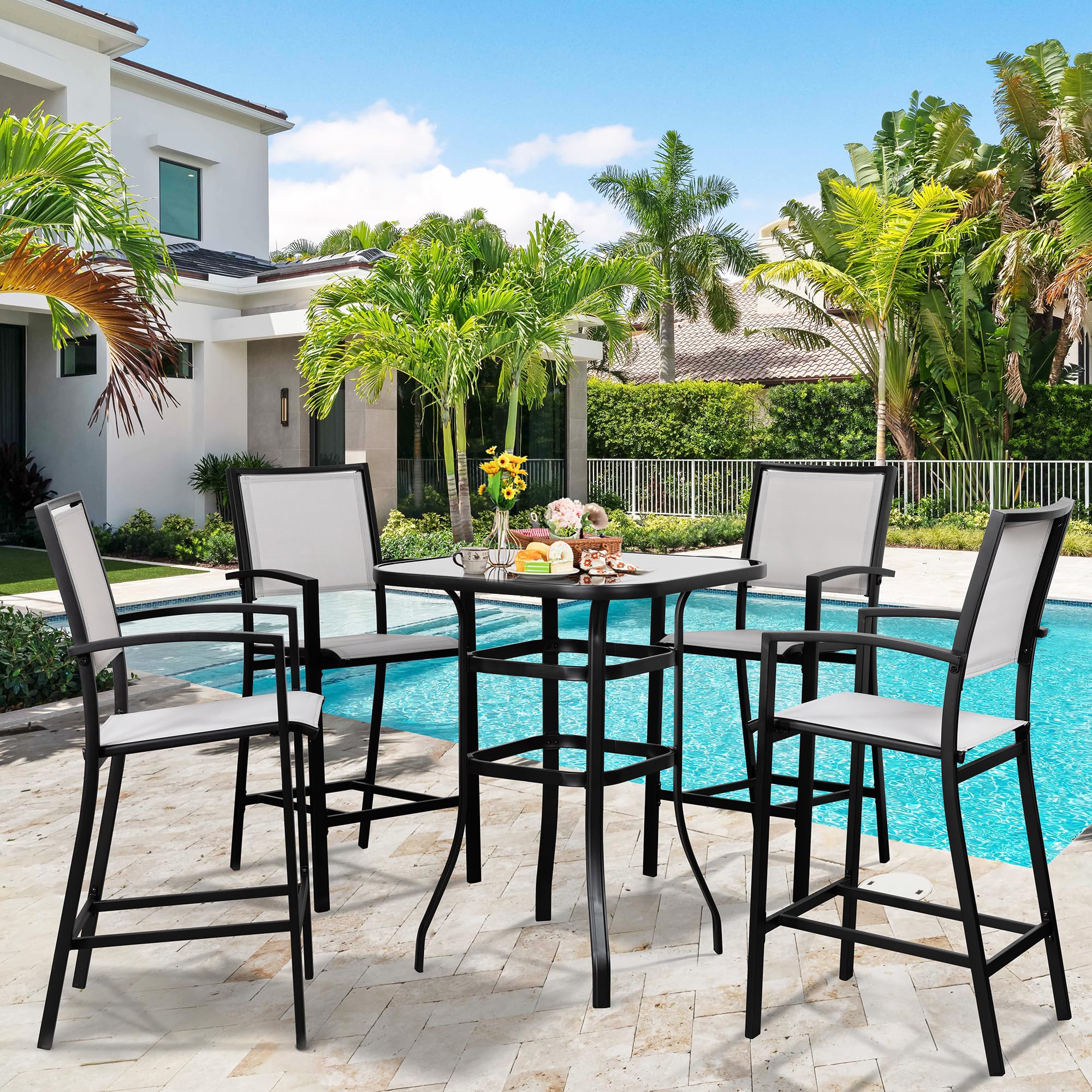 Vongrasig 5 Piece Patio high Bar Set, All Weather Metal Textilene Patio Dining Set High Bar Stools Chair of 4 and High Bar Glass Table, Outdoor High Top Bistro Set for Lawn Garden, Balcony, Gray