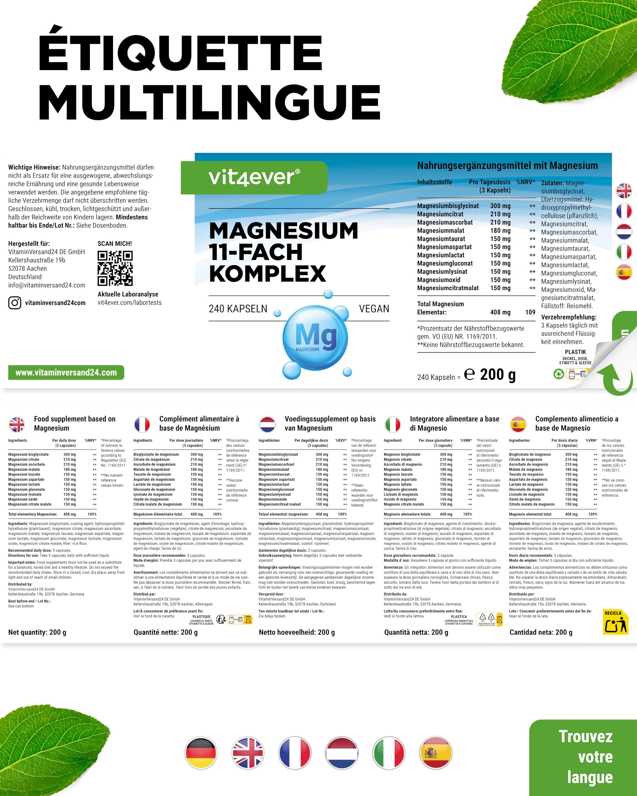 Complexe de Magnésium - 240 gélules - 11 composés de haute qualité - 408 mg de magnésium élémentaire par dose journalière - Hautement dosé - Vegan