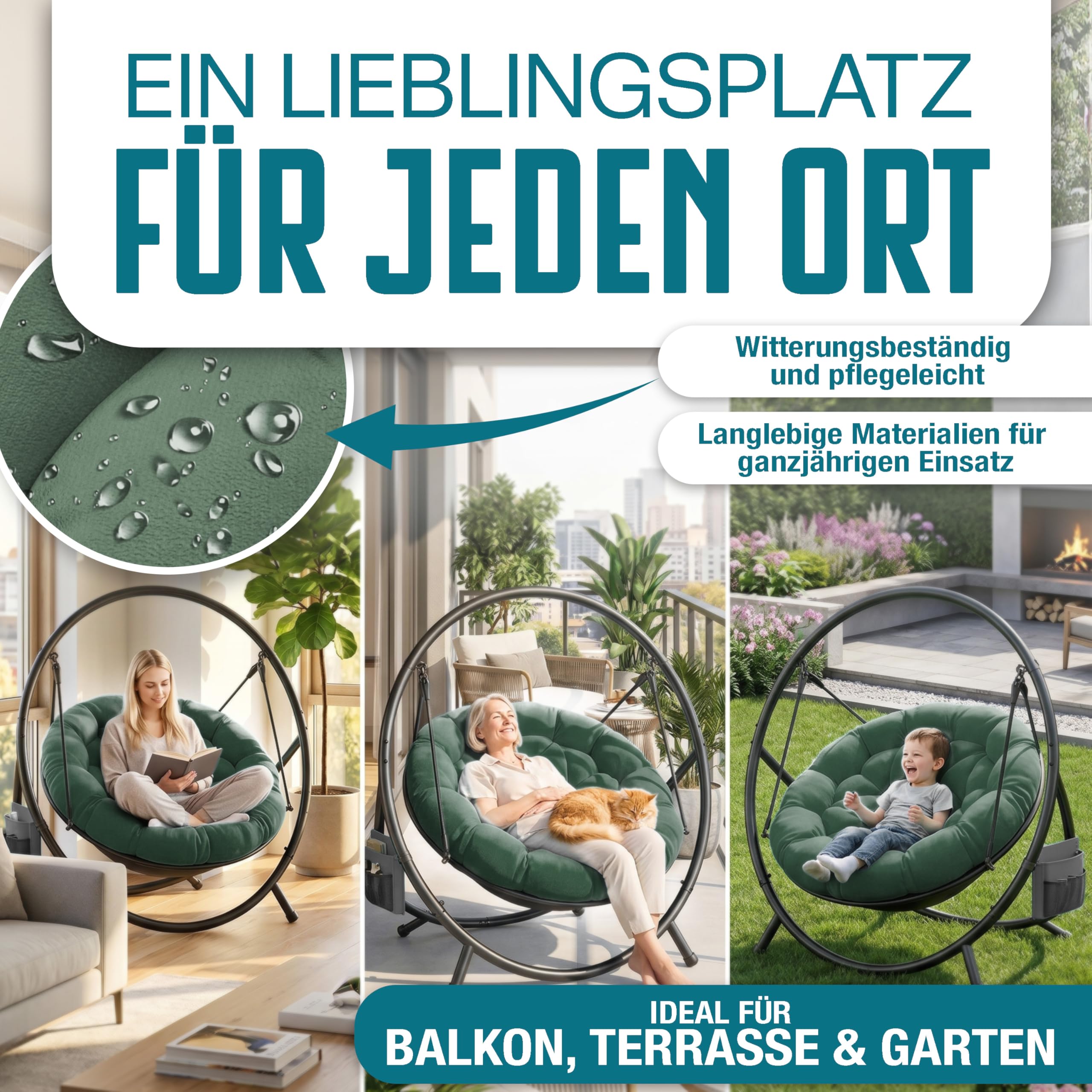 KESSER® Hängesessel mit Gestell Bali Hängeschaukel Hängestuhl bis 150kg für Indoor und Outdoor + Kissen & Seitentasche Hängekorb Stahlgestell & Schaumstoff Sitzpolster