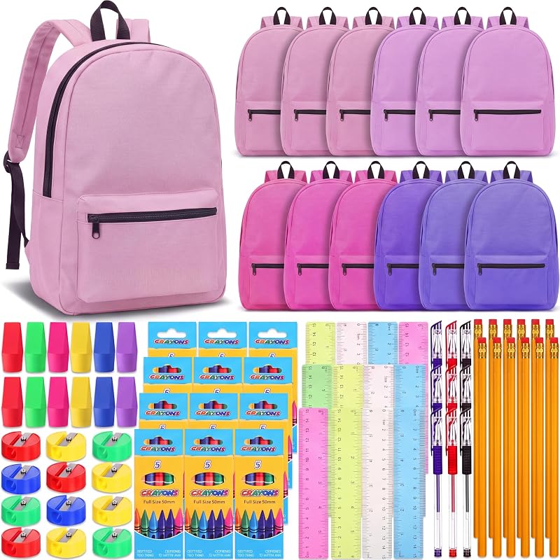 12 juegos de mochilas a granel de 16"con kits de útiles escolares, paquete de donación de 108 piezas para el aula para el regreso a clases(rosa)