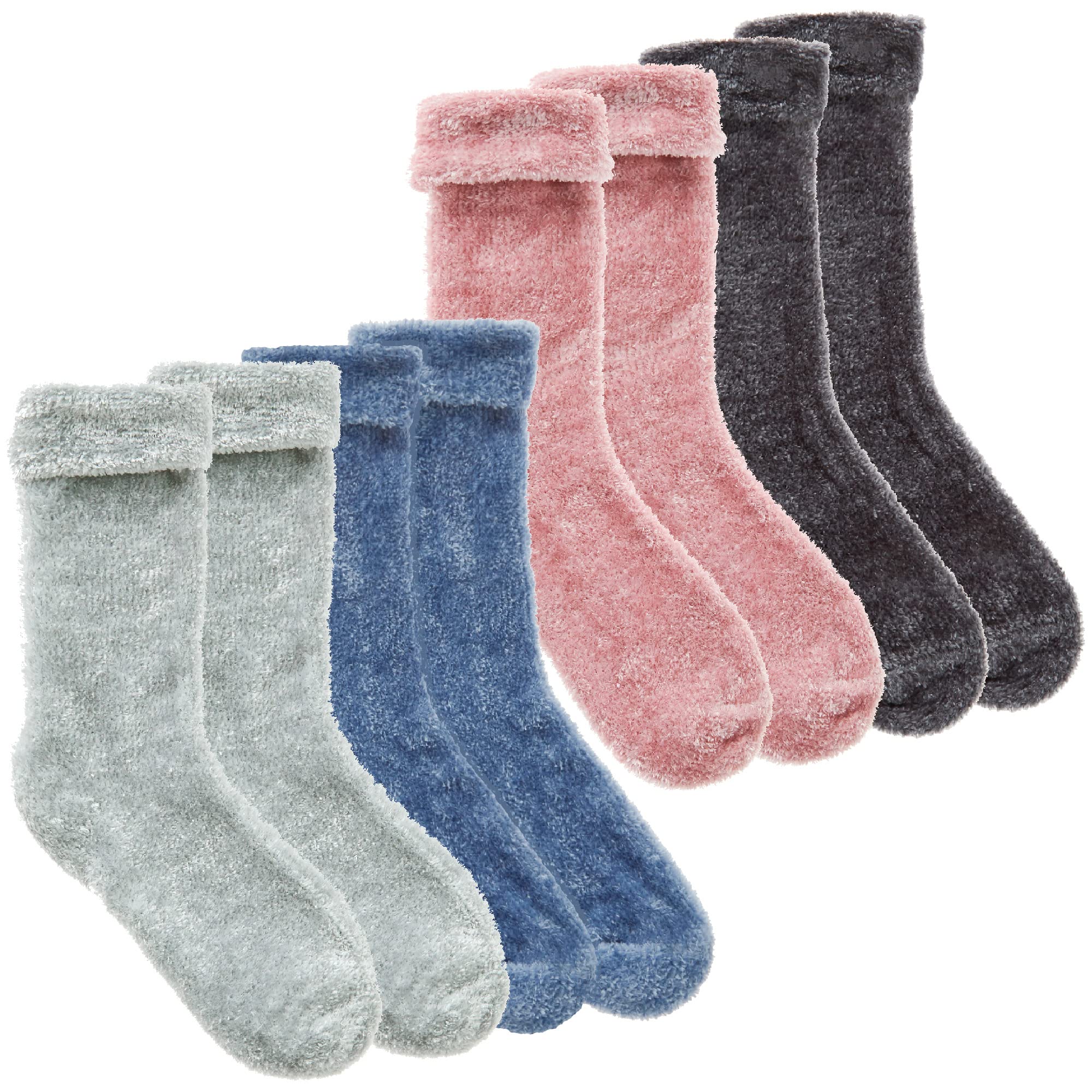 Metzuyan Women's Pink & Grey - 4 Pairs Chenille Cosy Fluffy Turn Over Top Plain Luxury Thermal Socks