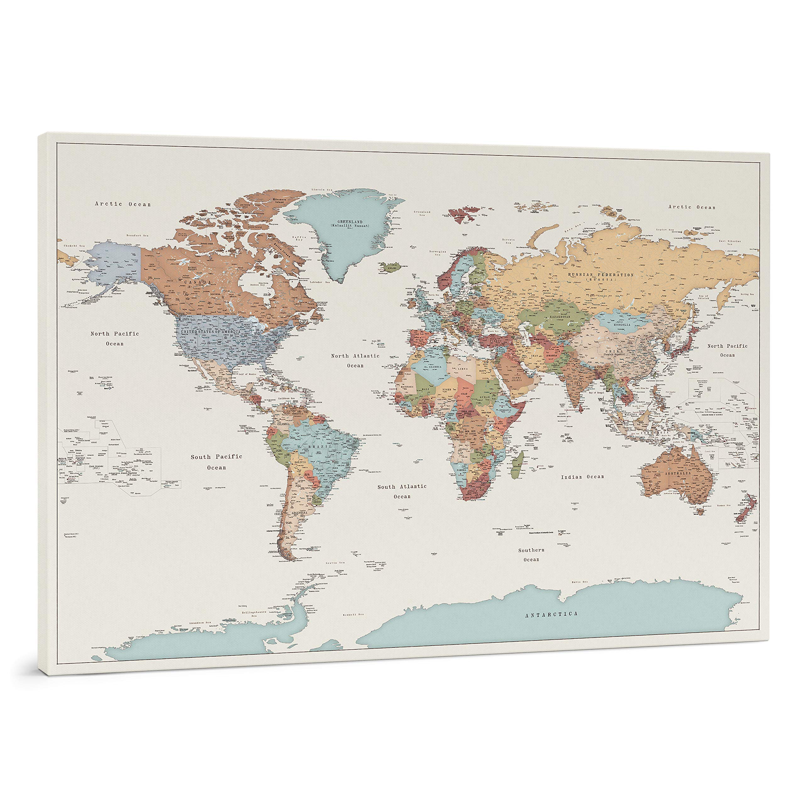 Trip Map Planisfero da Parete - Dettagliato Cartina Geografica Del Mondo con Puntine - Stampa su Tela - Diario di Viaggio - 3 Dimensioni: Media/Grande/Gigante