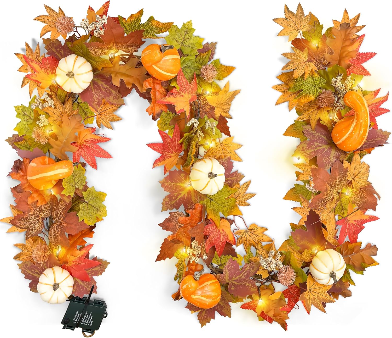 6ft Pumpkin Maple Leaf & Berries Fall Garland with Light String - Fall Decor for Home, Mantle, Fireplace, Thanksgiving & Halloween Autumn Decorations