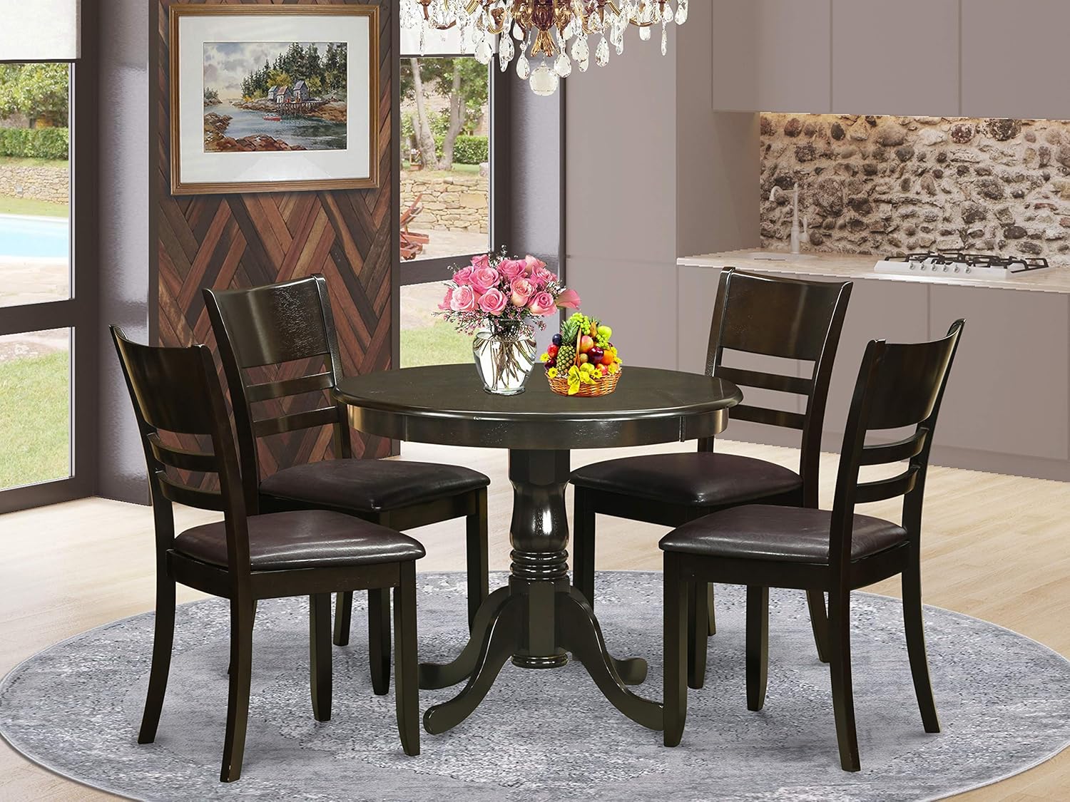 Buy East West Furniture Dining Table Set 4 Great Wood Dining Chairs A Beautiful Round Wooden Dining Table Faux Leather Seat And Cappuccino Finish Modern Dining Table Online In Indonesia B00tv482ds Buy East West Furniture Dining Table Set 4 Great Wood Dining Chairs A Beautiful Round Wooden Dining Table Faux Leather Seat And Cappuccino Finish Modern Dining Table Online In Indonesia B00tv482ds
