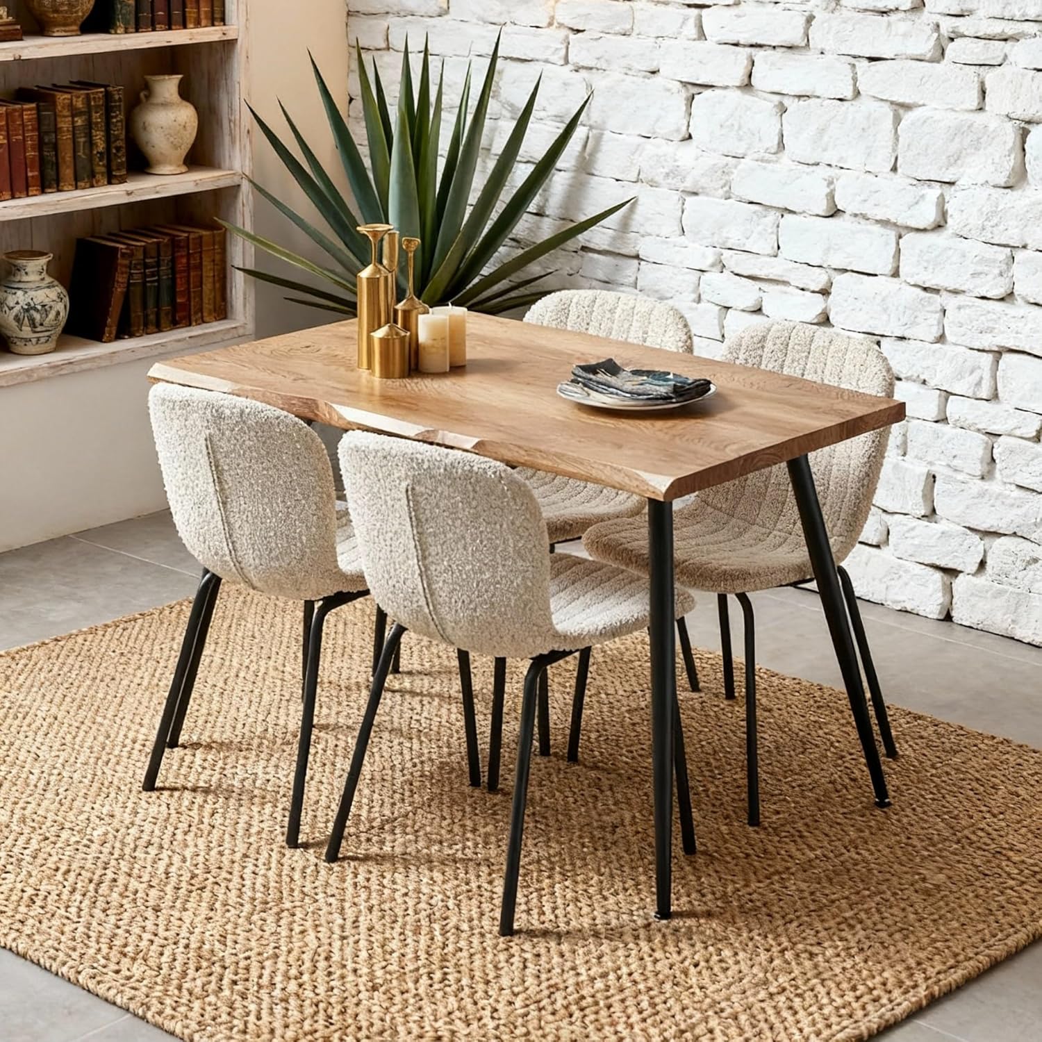 Dining Table Set for 4 with White Boucle Chairs, Mid-Century