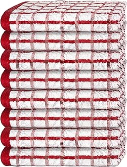 White Classic Premium Dish Towels for Kitchen, with Hanging Loop [8 Pack] Heavy Duty Absorbent 100% Cotton 410 GSM Terry Kitchen Towels, 16x26 (Red)