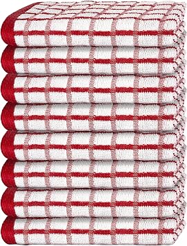 White Classic Premium Dish Towels for Kitchen, with Hanging Loop [8 Pack] Heavy Duty Absorbent 100% Cotton 410 GSM Terry Kitchen Towels, 16x26 Red