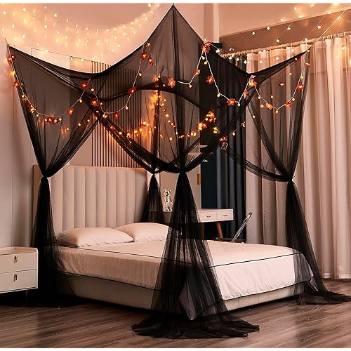 Mengersi Bed Canopy with Lights,Maple Leaf Pumpkin Canopy Bed Curtains Mosquito net,Halloween Theme Party Supplies Festival Decor,Black
