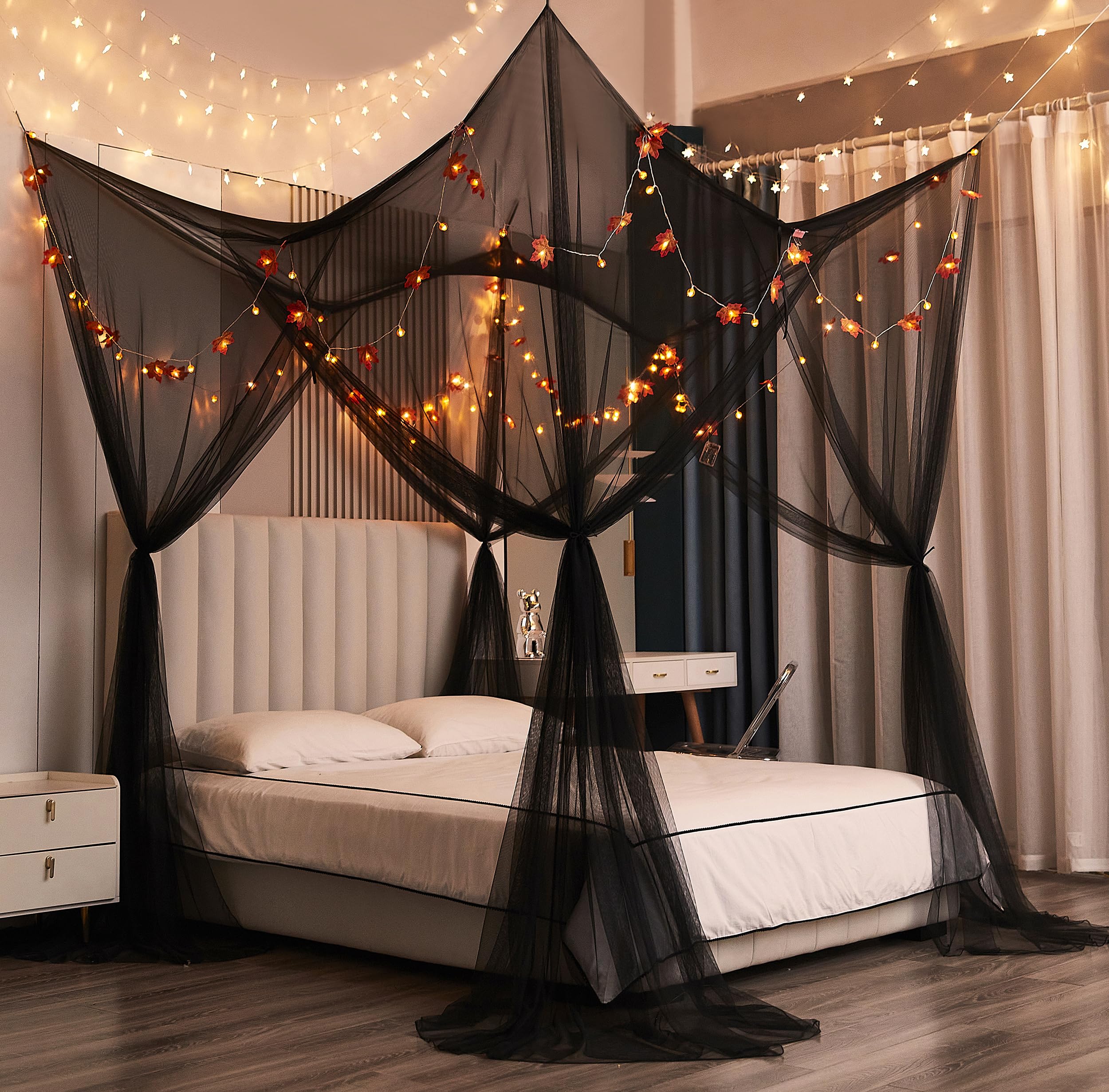 Mengersi Bed Canopy with Lights,Maple Leaf Pumpkin Canopy Bed Curtains Mosquito net,Halloween Theme Party Supplies Festival Decor,Black — image 1