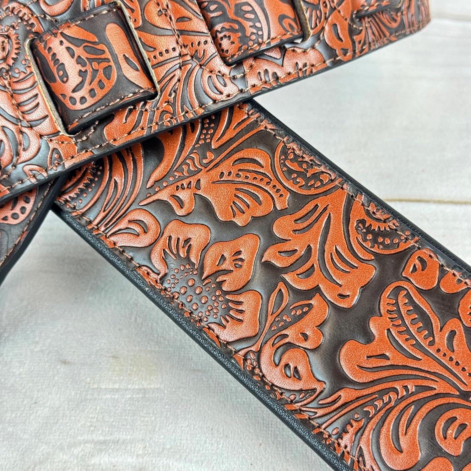 Walker & Williams G-973 Handmade Brown And Latigo Tan Western Embossed Guitar Strap with Soft Padded Back For Acoustic, Electric, And Bass Guitars