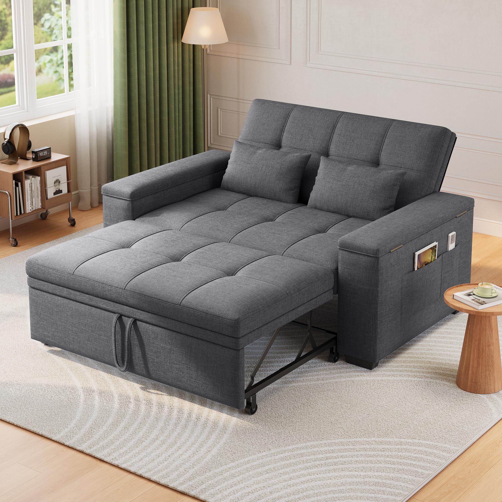 Xbro Divano Letto 2 Posti in Lino, Letto Esteso 175x116 cm, Convertibile 3 in 1 con 2 Cuscini e Tasche Laterali, Compatto Salvaspazio per Soggiorno e Camera Ospiti, 156x74x84 cm, Grigio Scuro