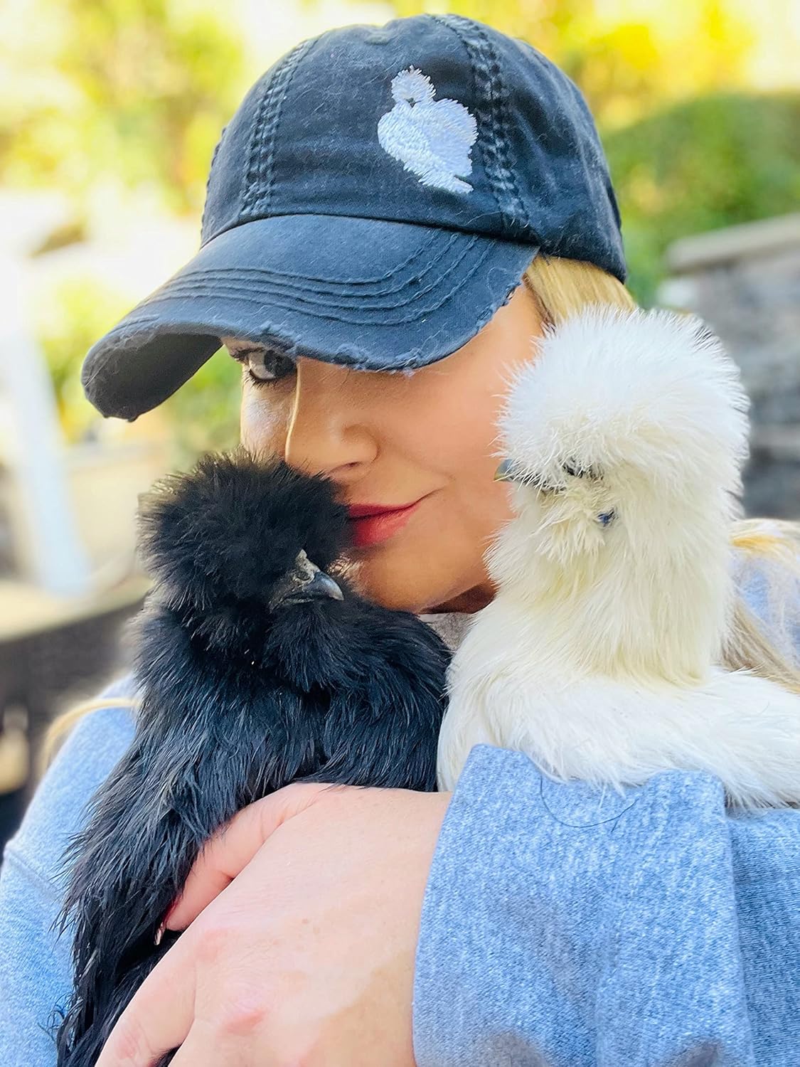 Women's Silkie Chicken Hat, Baseball or High Ponytail Cap, Handmade Embroidered Silkie Chicken Farm Owner Gift for Her Wife Girlfriend Mom Friend Sister, Corner Design Shape Silhouette Picture Photo
