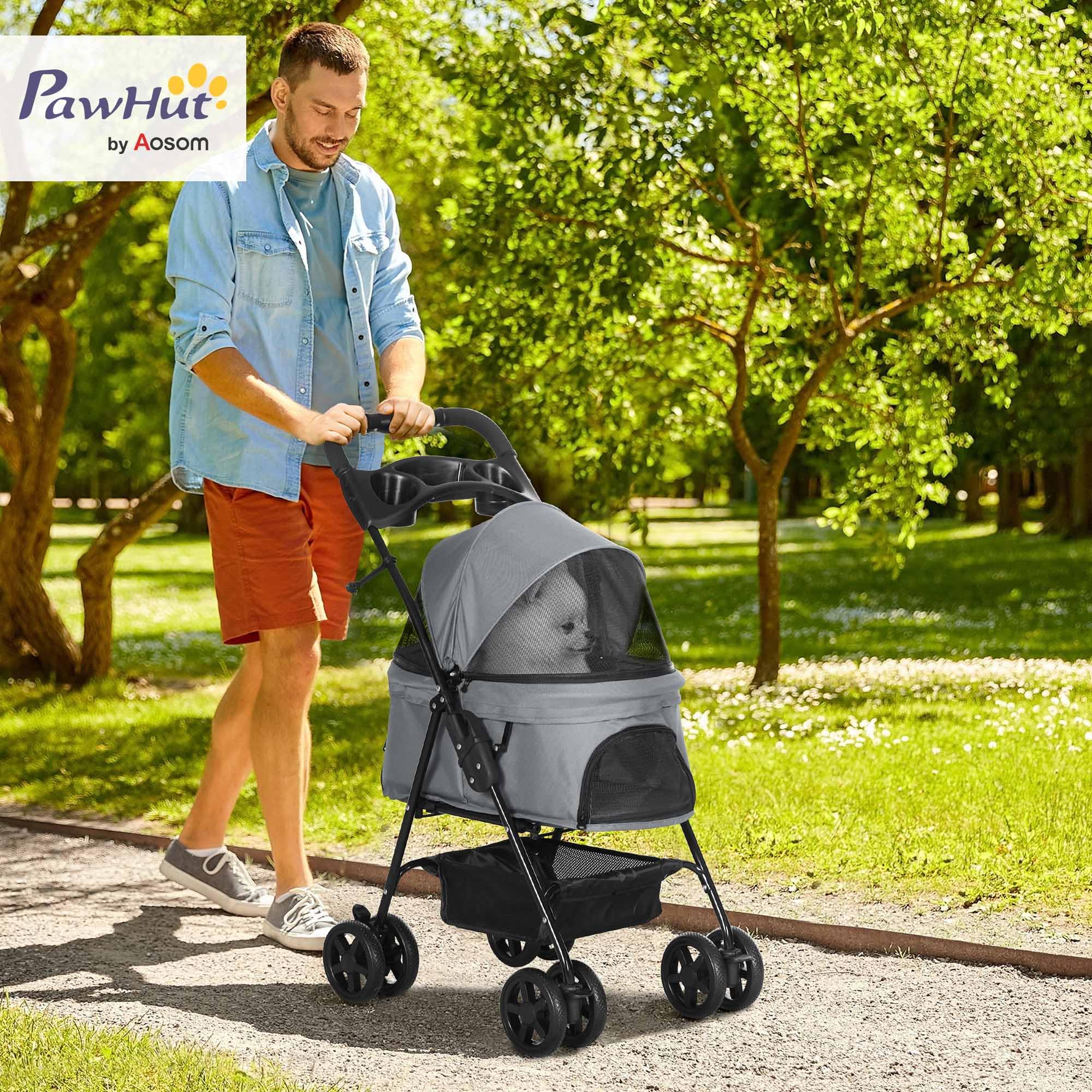 PawHut Passeggino per Cani Piccoli Pieghevole, Passeggino Leggero per Animali con Ruote Girevoli, Guinzaglio di Sicurezza e Cestino Portaoggetti, 67x45x96cm, Grigio