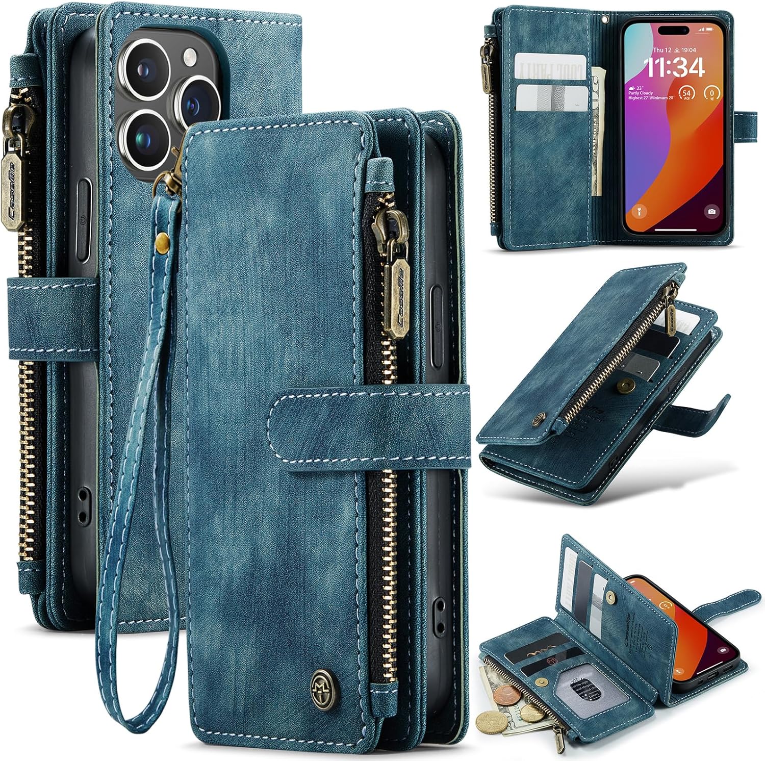 CaseMe Wallet Case for iPhone 15 Pro, Multifunction Handmade Premium PU Leather Zipper Flip Shockproof Case Built-in [Magnetic Closure] [Kickstand] [Card Slots] for iPhone 15 Pro (Blue)