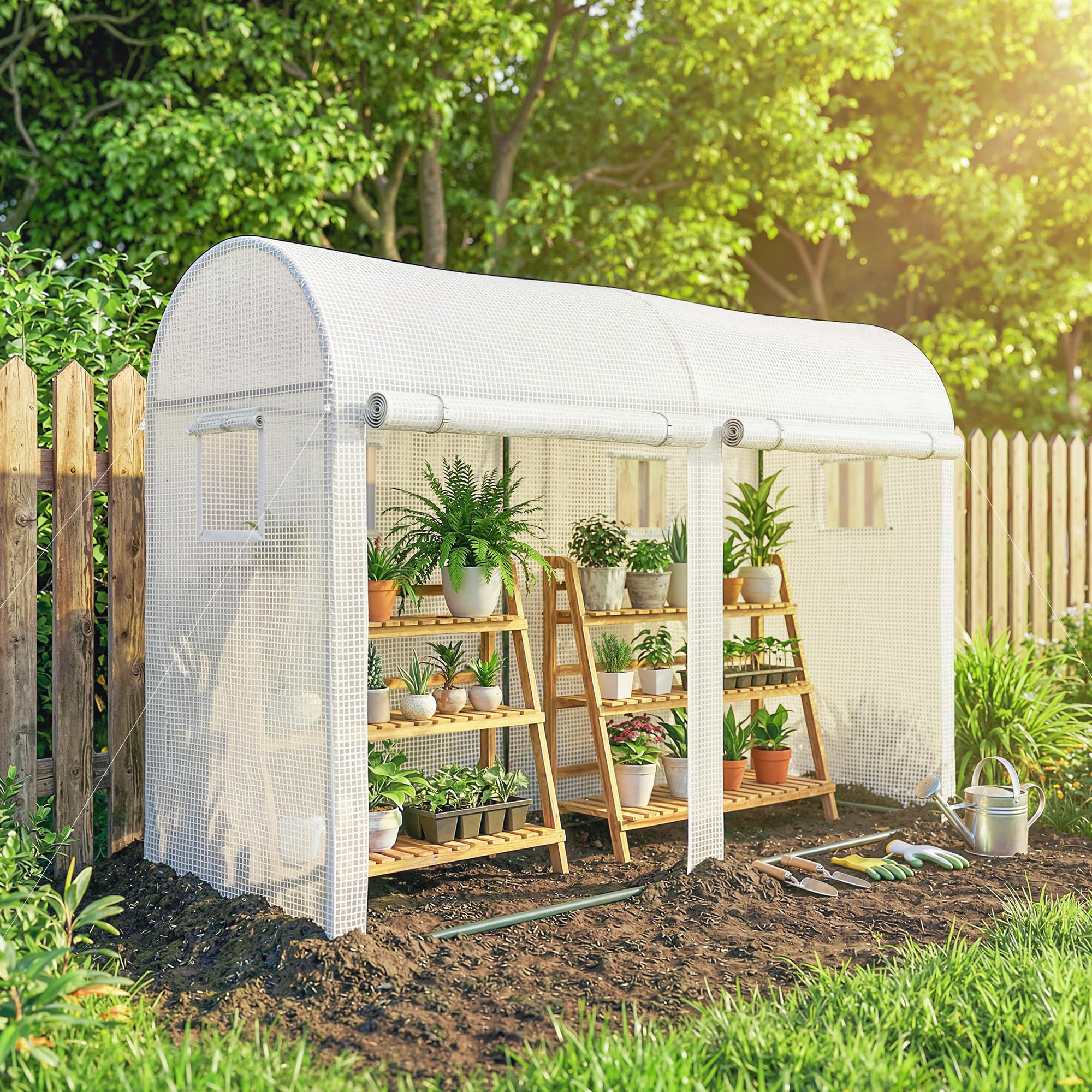 Outsunny Serra da Giardino 3x1x2m con 2 Porte Avvolgibili e 4 Finestre, Serra per Orto, Struttura Acciaio e Copertura PE, per Piante Verdure Fiori Frutta, Anti UV, Bianco