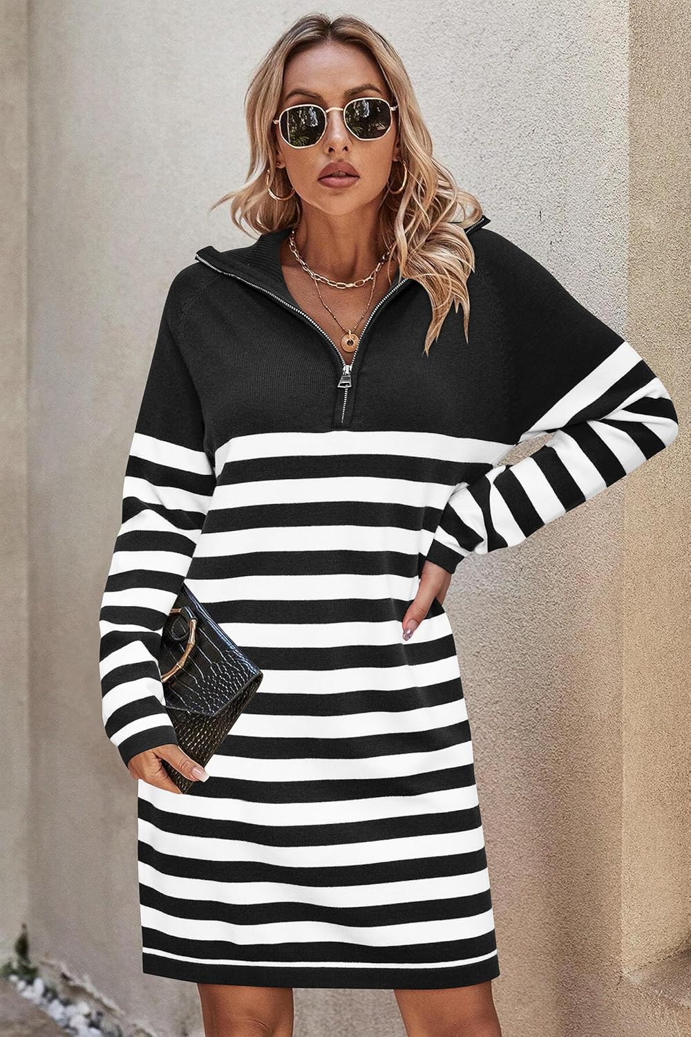 Newshows Women's Winter Sweater Dress 2025 Striped Long Sleeve Lapel Collar Chunky Knit Slouchy Oversized Fall Sweaters - Image 3