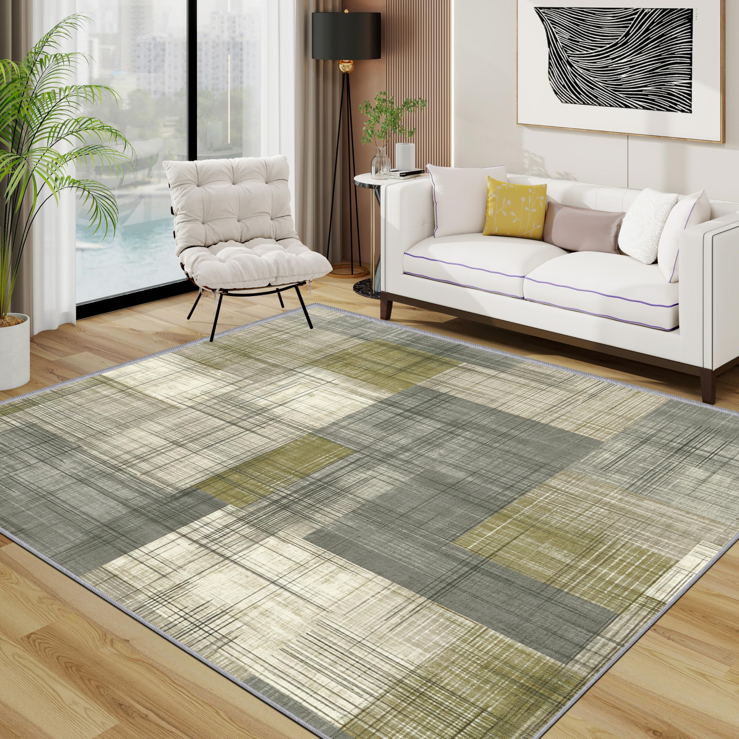 TerroVee Geometric Area Rugs for Living Room 120x180 - Neutral Modern Abstract Minimalist Rug for Bedroom, Olive Green Grey Non Slip Washable Short Pile Carpet, Green Grey Beige House Decor