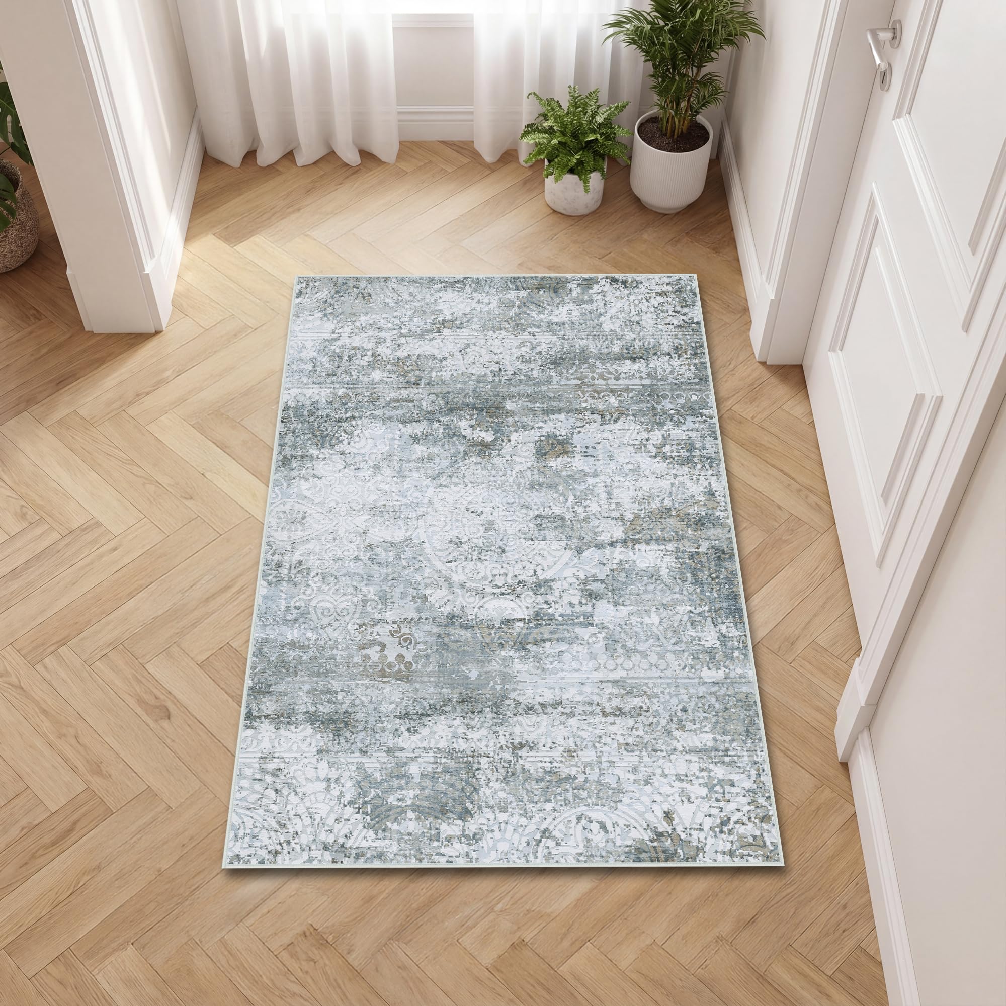 Autsel Rugs for Living Room Bedroom 60x90cm, Small Machine Washable Area Rugs Non-slip, Vintage Boho Rugs, Soft Short Pile Carpet, Greyish Blue Runner Rugs for Hallway, Carpet for Kitchen, Office