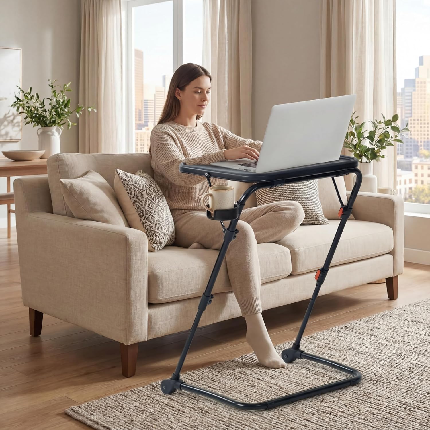 LeTinn Adjustable Folding TV Tray Table with Cup Holder - 4 Height & 3 Angle Positions, Portable Laptop Bed Desk for Sofa, Snacks, Holiday Hosting & Gifts, Black