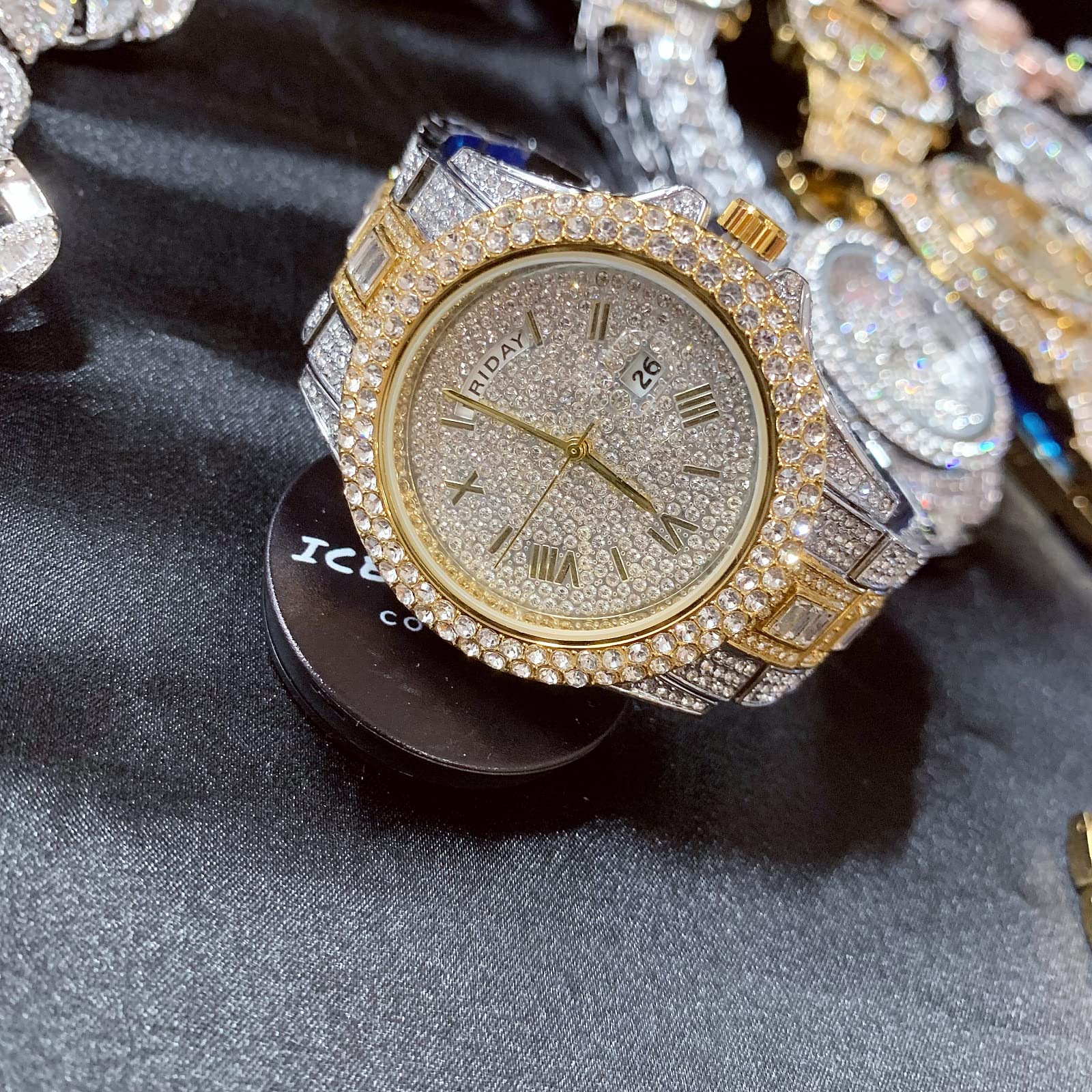ICEDIAMOND Reloj de cuarzo con doble calendario de 43 mm, esfera redonda chapada en oro con fecha y visualización semanal, reloj de pulsera de diamantes de imitación para hombre, Mezclado, Moda