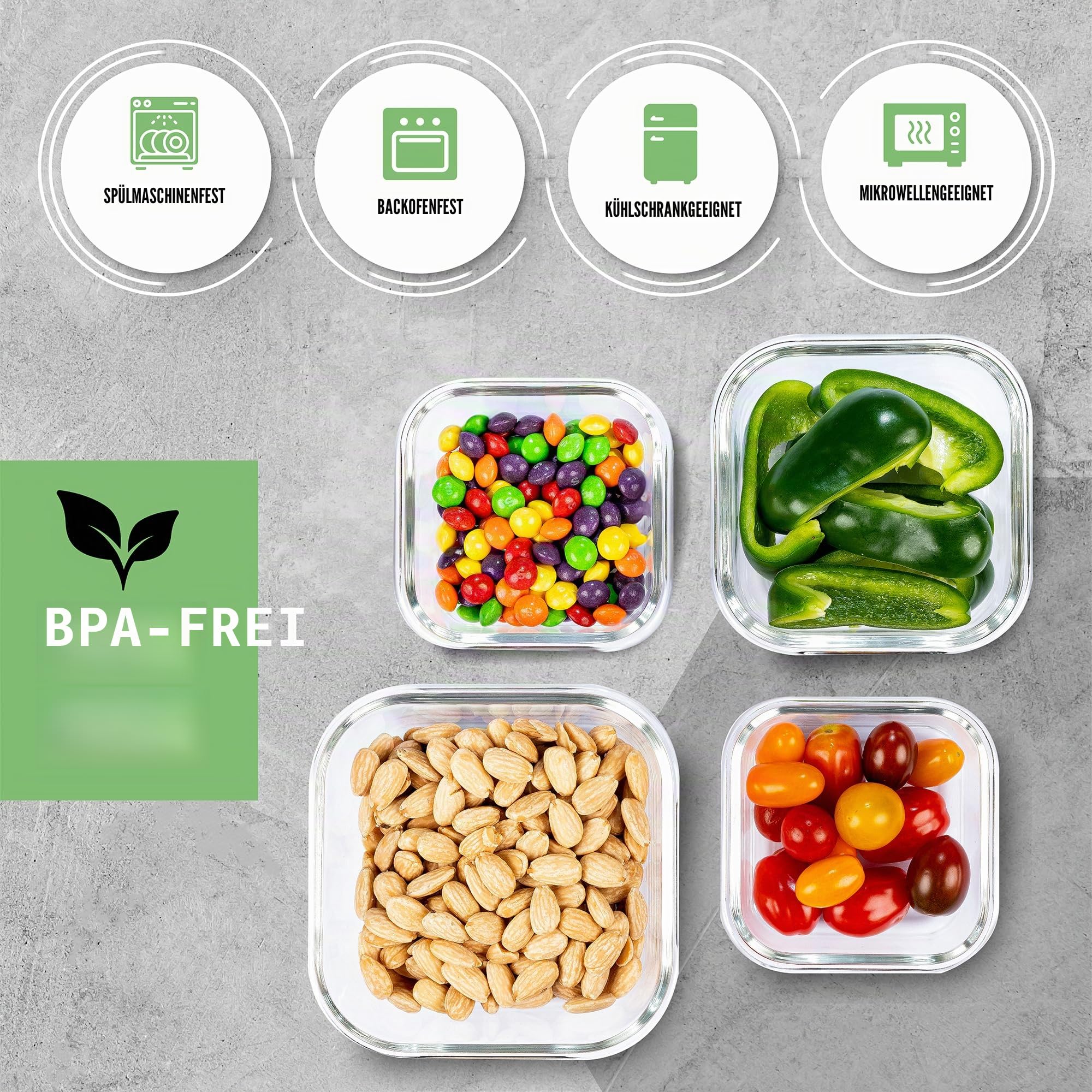 Frischhaltedosen Mit Deckel – Luftdichte Behälter Für Lebensmittel, Glas Schüssel Mit Deckel Set Sicher Für Mikrowelle Und Gefrierschrank | Meal Prep Boxen Glas (4 Quadrat Behälter, Blau)