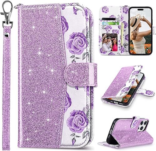 ULAK Funda tipo cartera con tapa compatible con iPhone 14 Pro Max para mujer con tarjetero de crédito, funda protectora de piel sintética diseñada