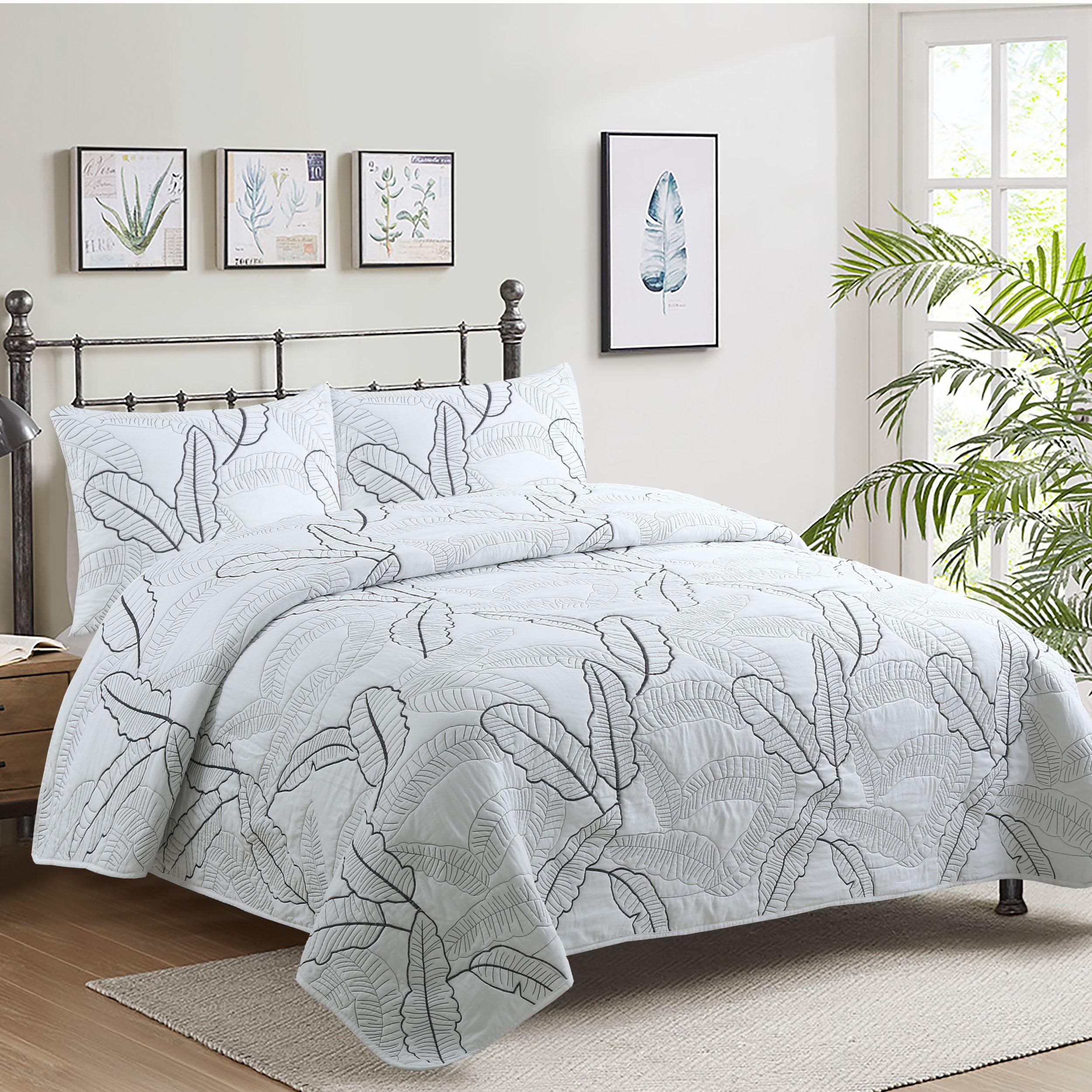 Colcha Boutí Cama 150 (250x270) Blanca Estampada - Moderna y Ligera con Diseño Artesanal 100% Microfibra Extrasuave - Cubrecama para Verano y Entretiempo con 2 Fundas de Almohada (50x70) (Butan)